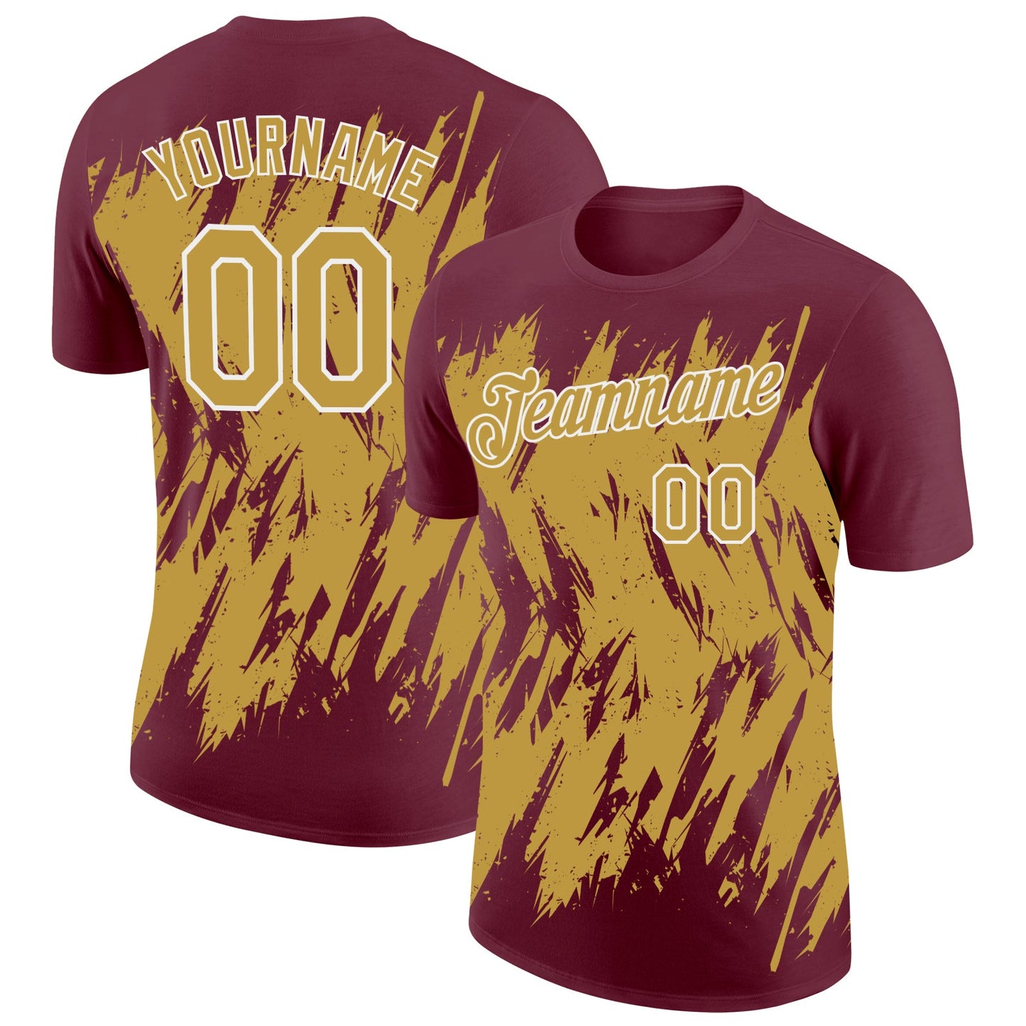 Custom Burgundy Old Gold-White Torn Sharp Brush Stroke Splatter Performance T-Shirt - Main View