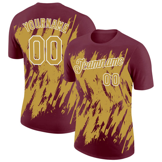 Custom Burgundy Old Gold-White Torn Sharp Brush Stroke Splatter Performance T-Shirt - Main View