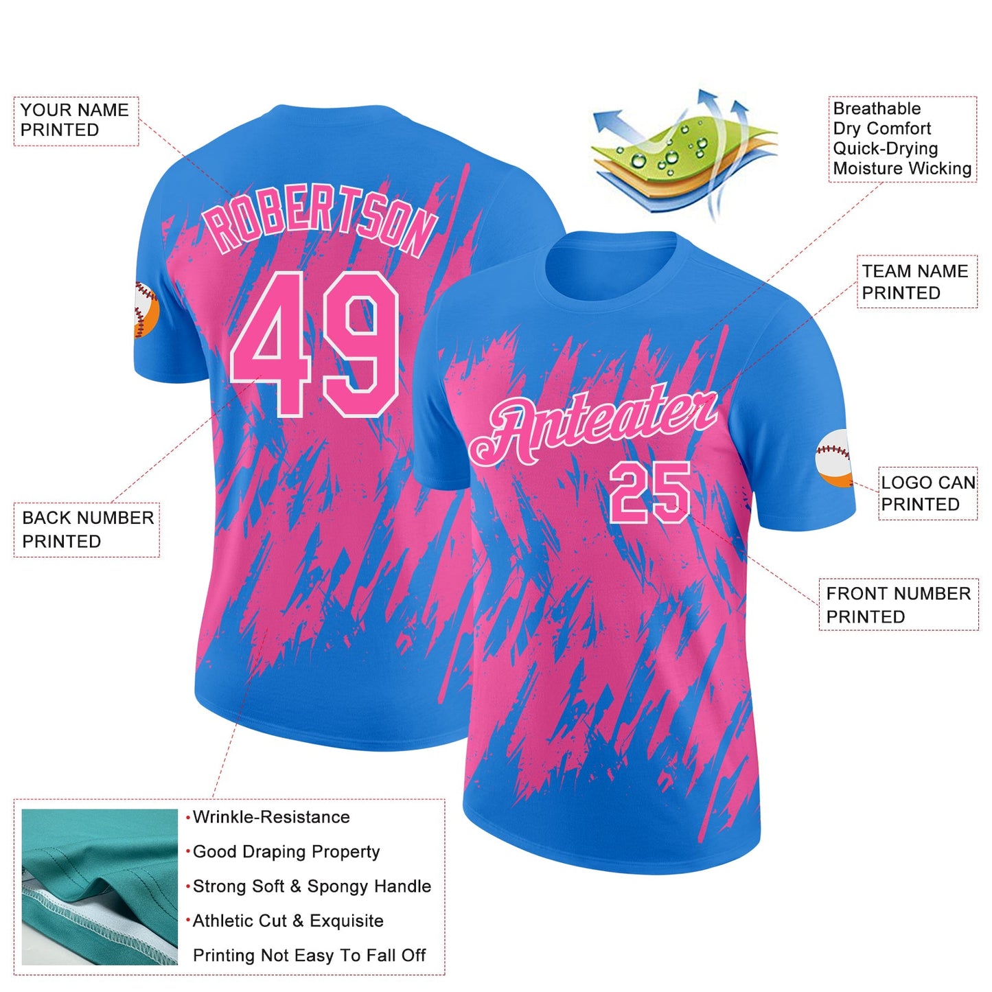 Custom Powder Blue Pink-White Torn Sharp Brush Stroke Splatter Performance T-Shirt view 2