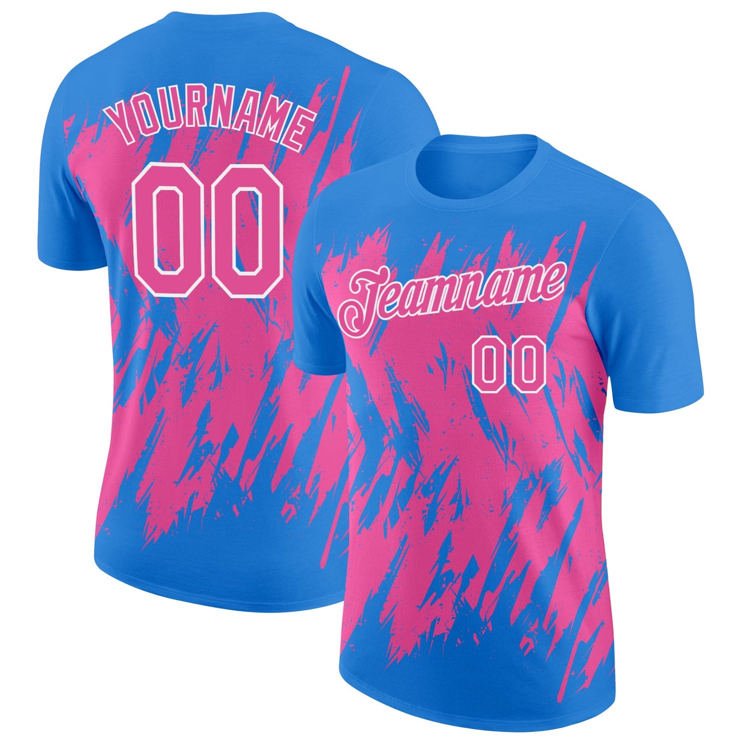 Custom Powder Blue Pink-White Torn Sharp Brush Stroke Splatter Performance T-Shirt - Main View