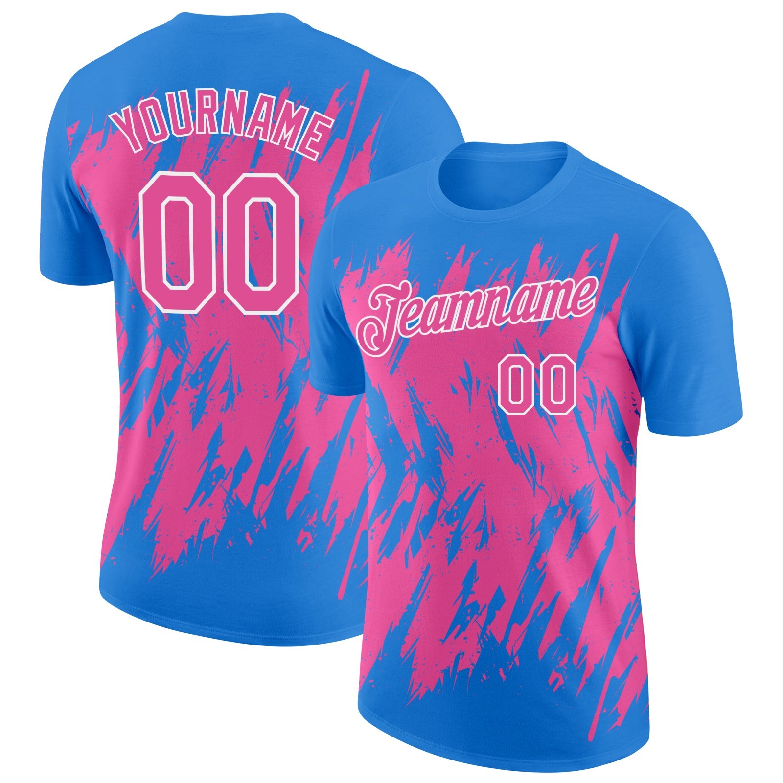 Custom Powder Blue Pink-White Torn Sharp Brush Stroke Splatter Performance T-Shirt - Main View