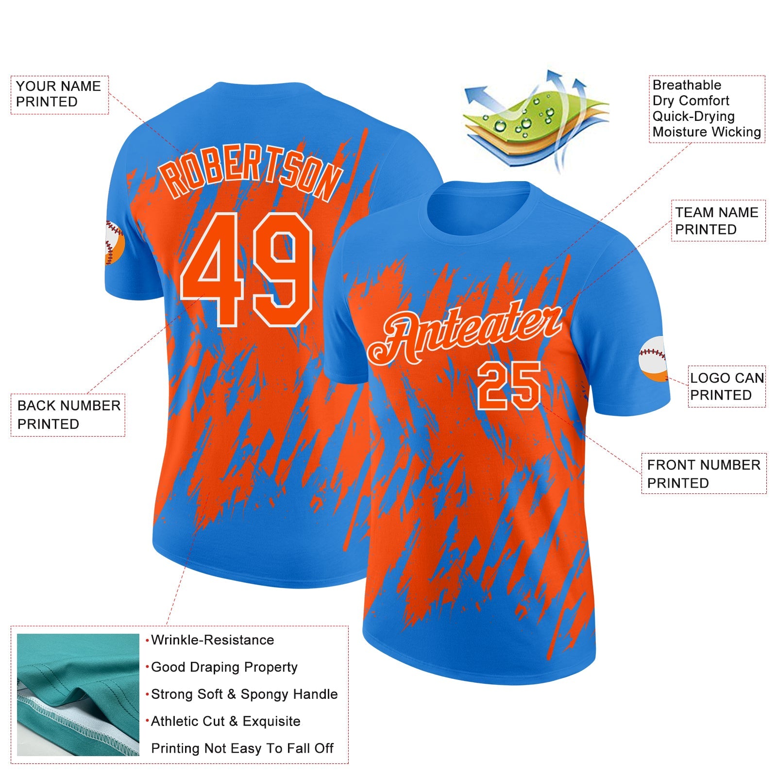 Custom Powder Blue Orange-White Torn Sharp Brush Stroke Splatter Performance T-Shirt view 2