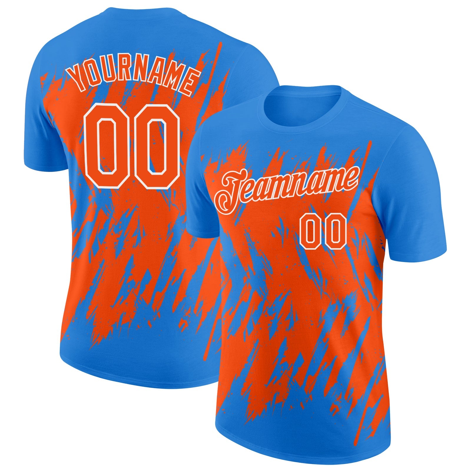 Custom Powder Blue Orange-White Torn Sharp Brush Stroke Splatter Performance T-Shirt - Main View