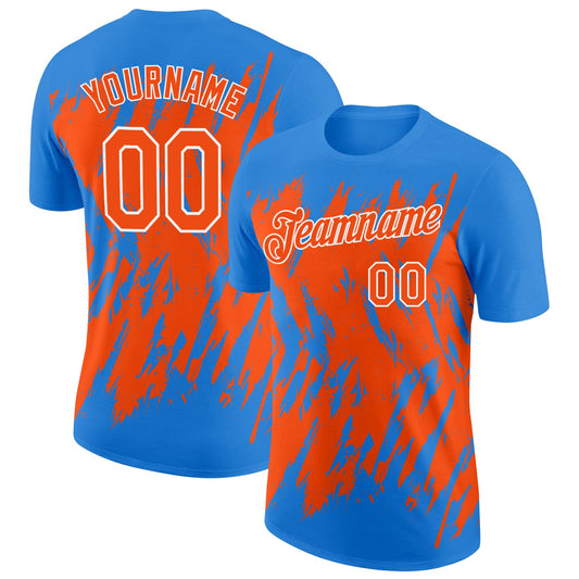 Custom Powder Blue Orange-White Torn Sharp Brush Stroke Splatter Performance T-Shirt - Main View