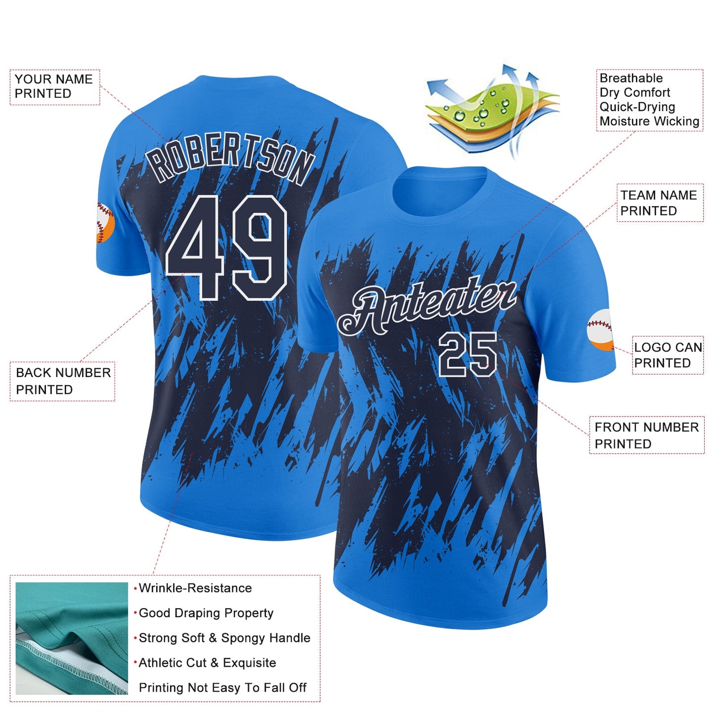 Custom Powder Blue Navy-White Torn Sharp Brush Stroke Splatter Performance T-Shirt view 2