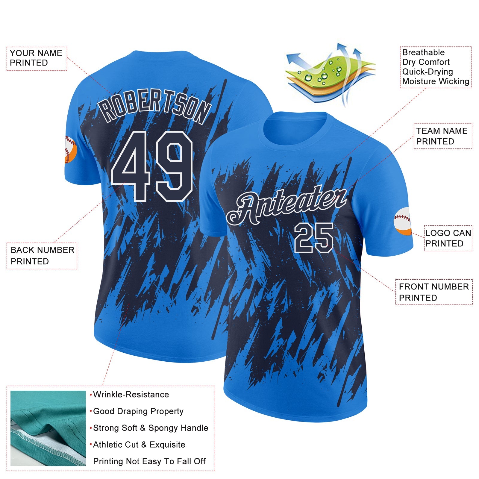 Custom Powder Blue Navy-White Torn Sharp Brush Stroke Splatter Performance T-Shirt view 2