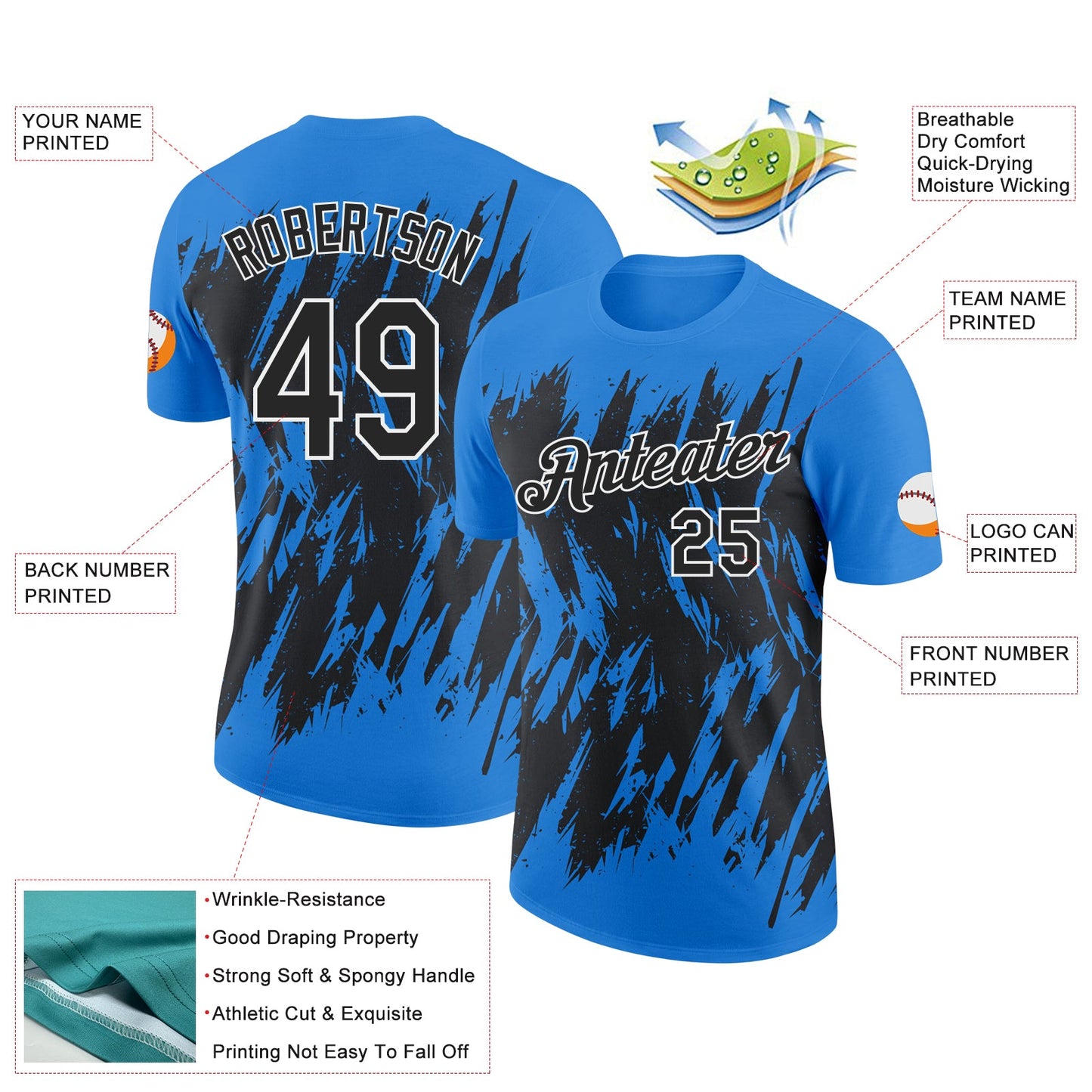 Custom Powder Blue Black-White Torn Sharp Brush Stroke Splatter Performance T-Shirt view 2
