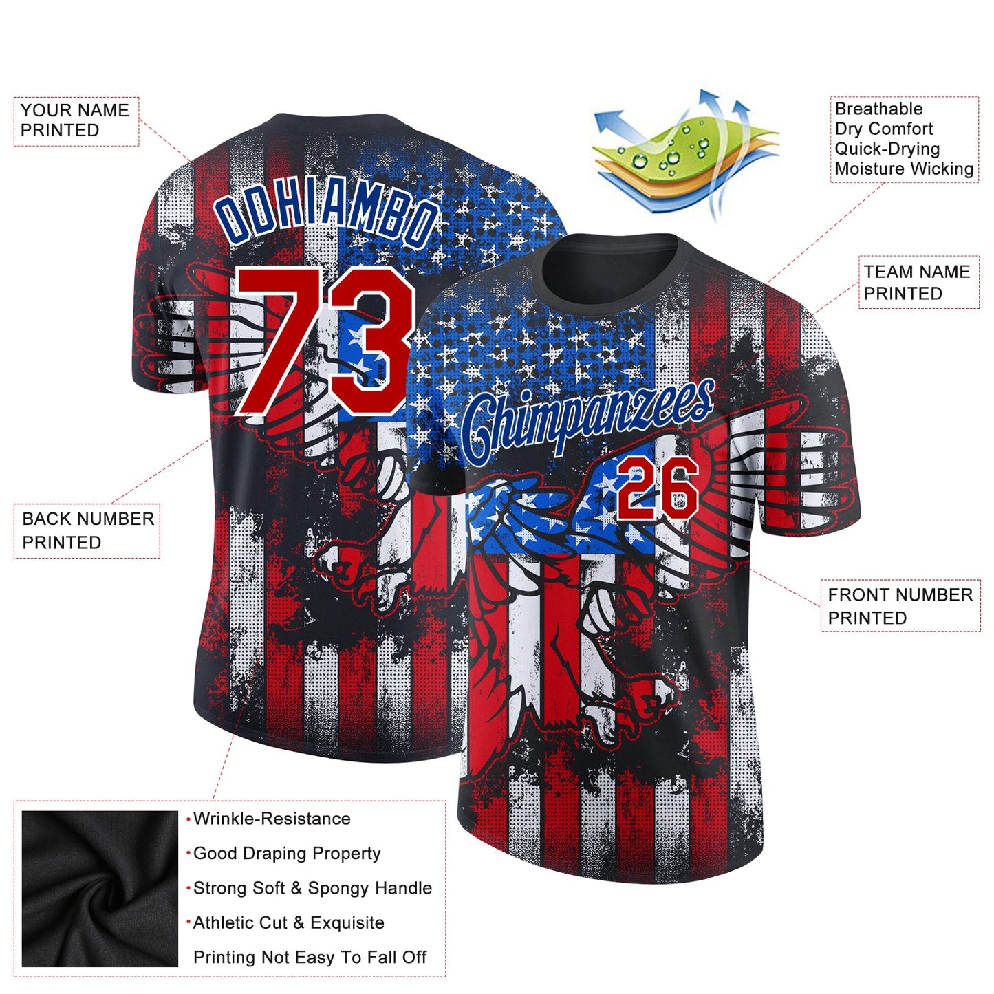 Custom Black Red-White 3D American Flag Fashion Performance T-Shirt view 2