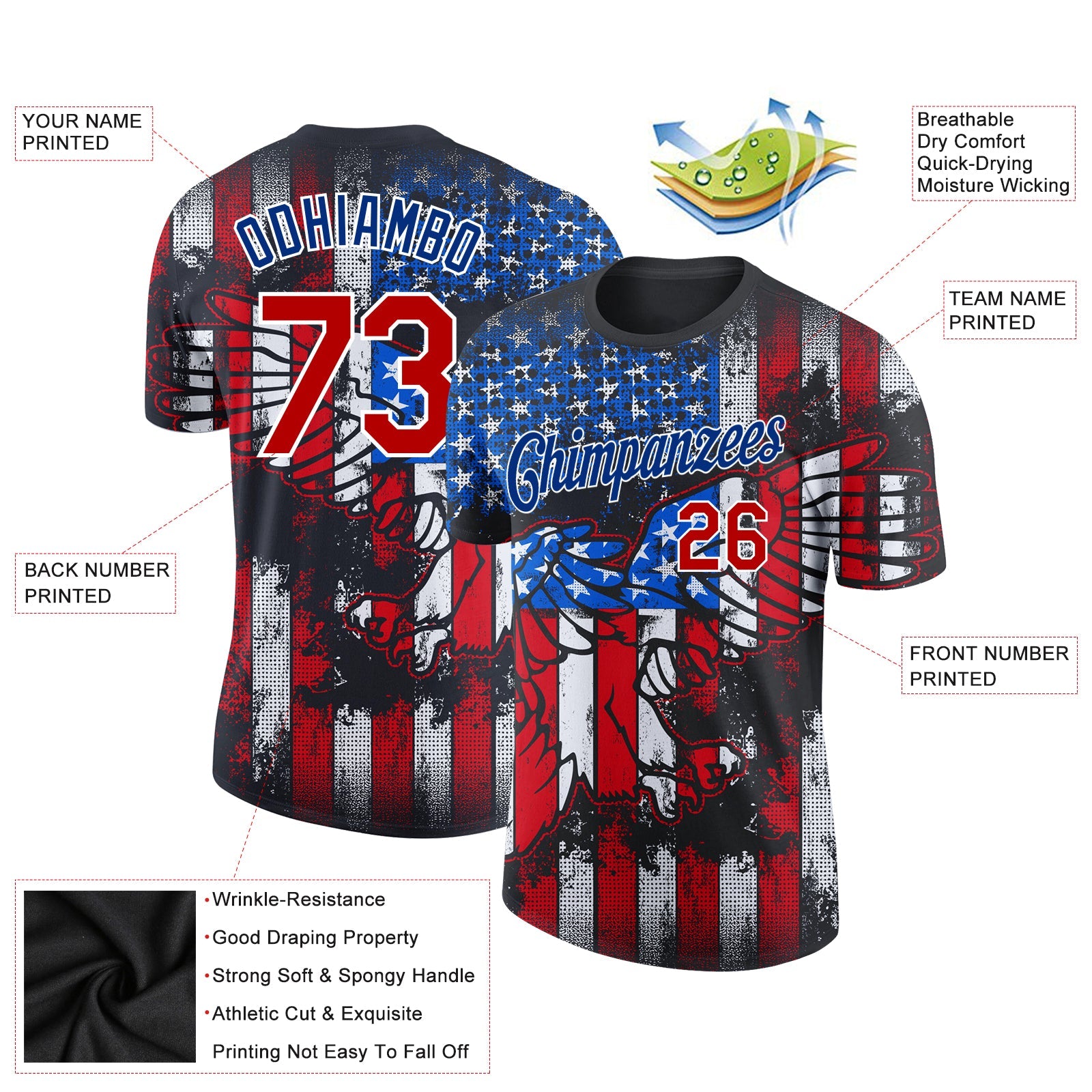 Custom Black Red-White 3D American Flag Fashion Performance T-Shirt view 2