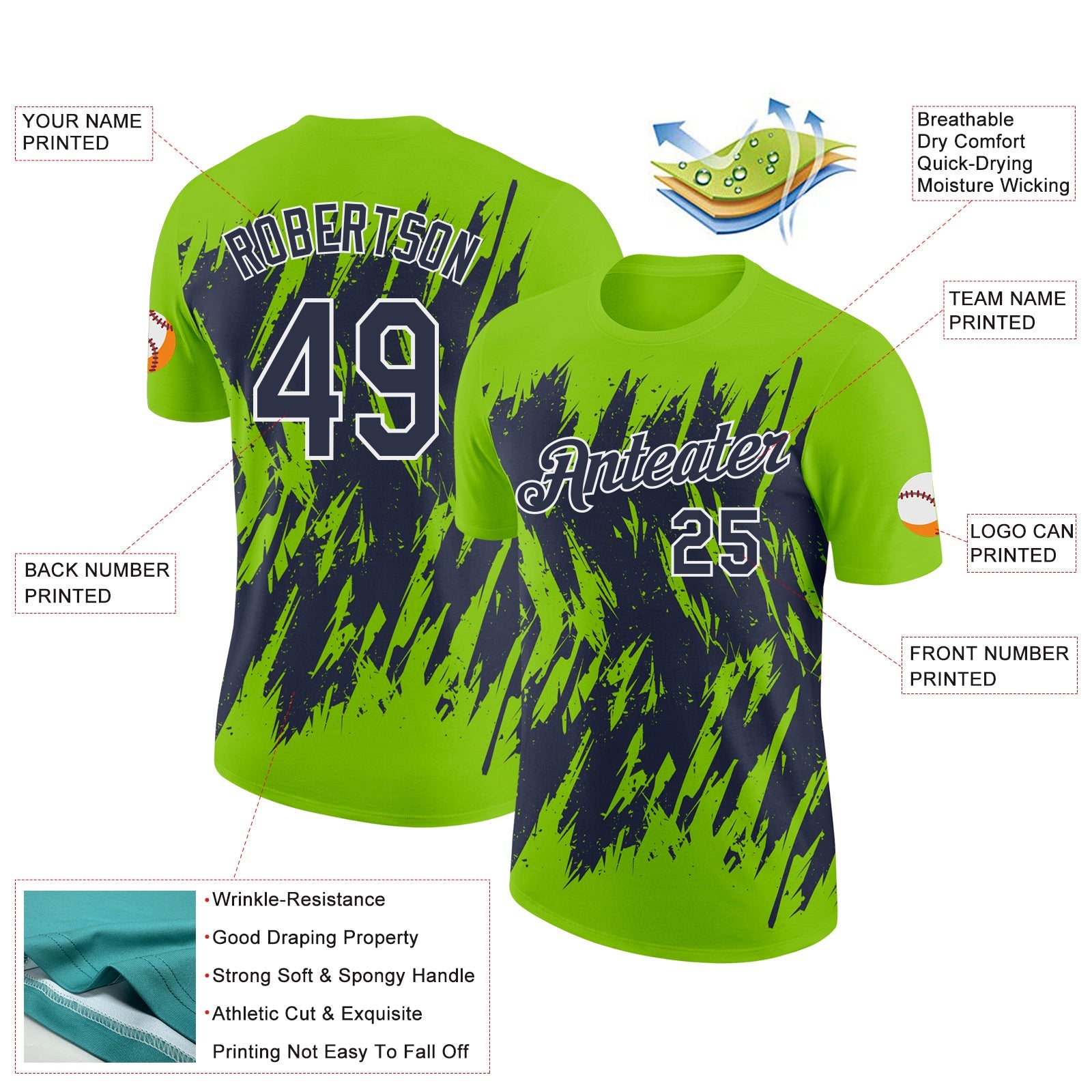 Custom Neon Green Navy-White Torn Sharp Brush Stroke Splatter Performance T-Shirt view 2