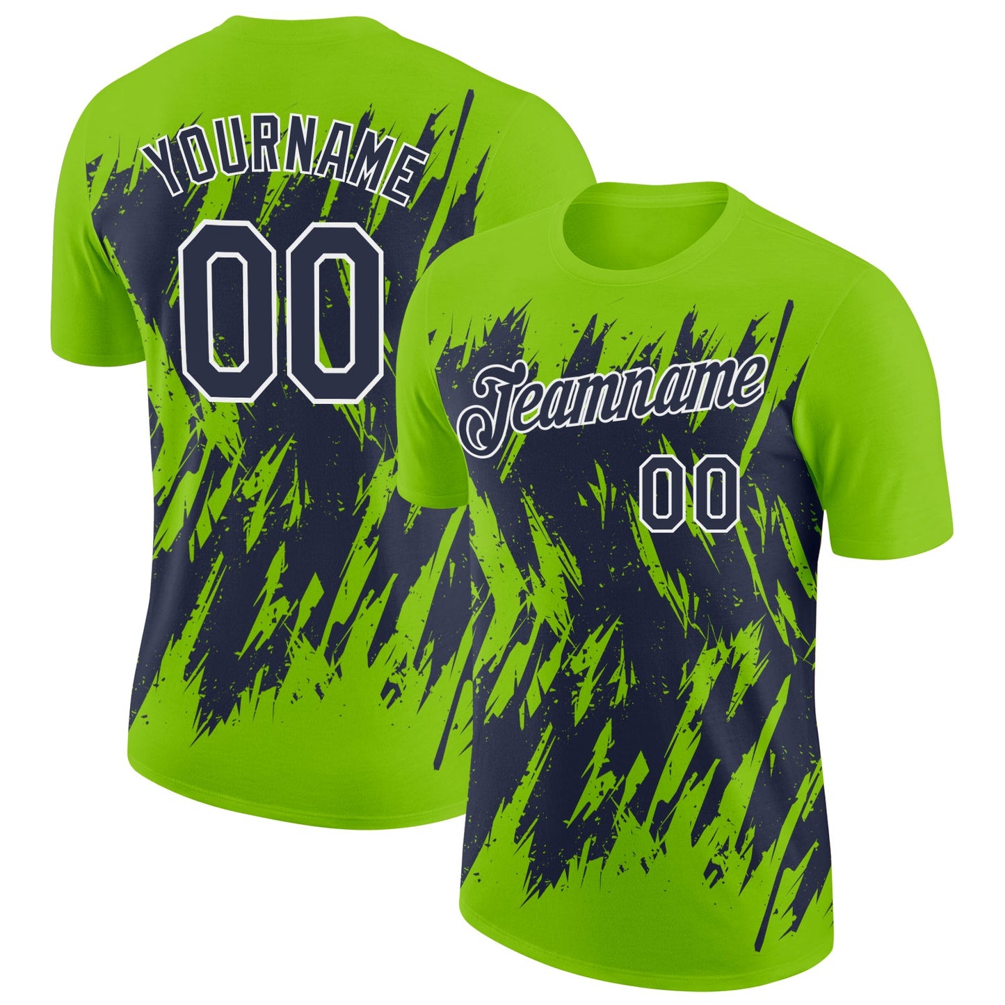 Custom Neon Green Navy-White Torn Sharp Brush Stroke Splatter Performance T-Shirt - Main View