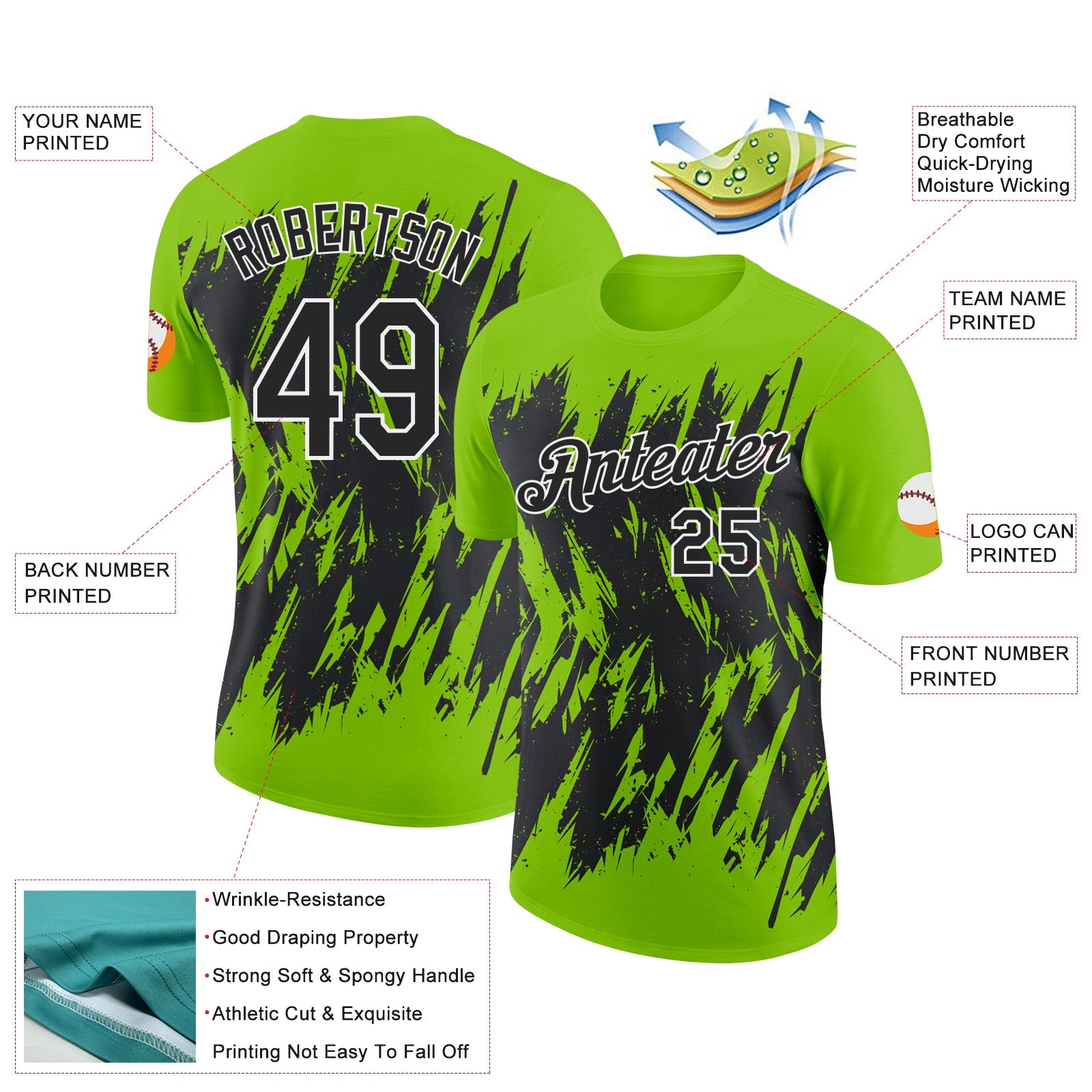 Custom Neon Green Black-White Torn Sharp Brush Stroke Splatter Performance T-Shirt view 2