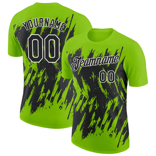 Custom Neon Green Black-White Torn Sharp Brush Stroke Splatter Performance T-Shirt - Main View