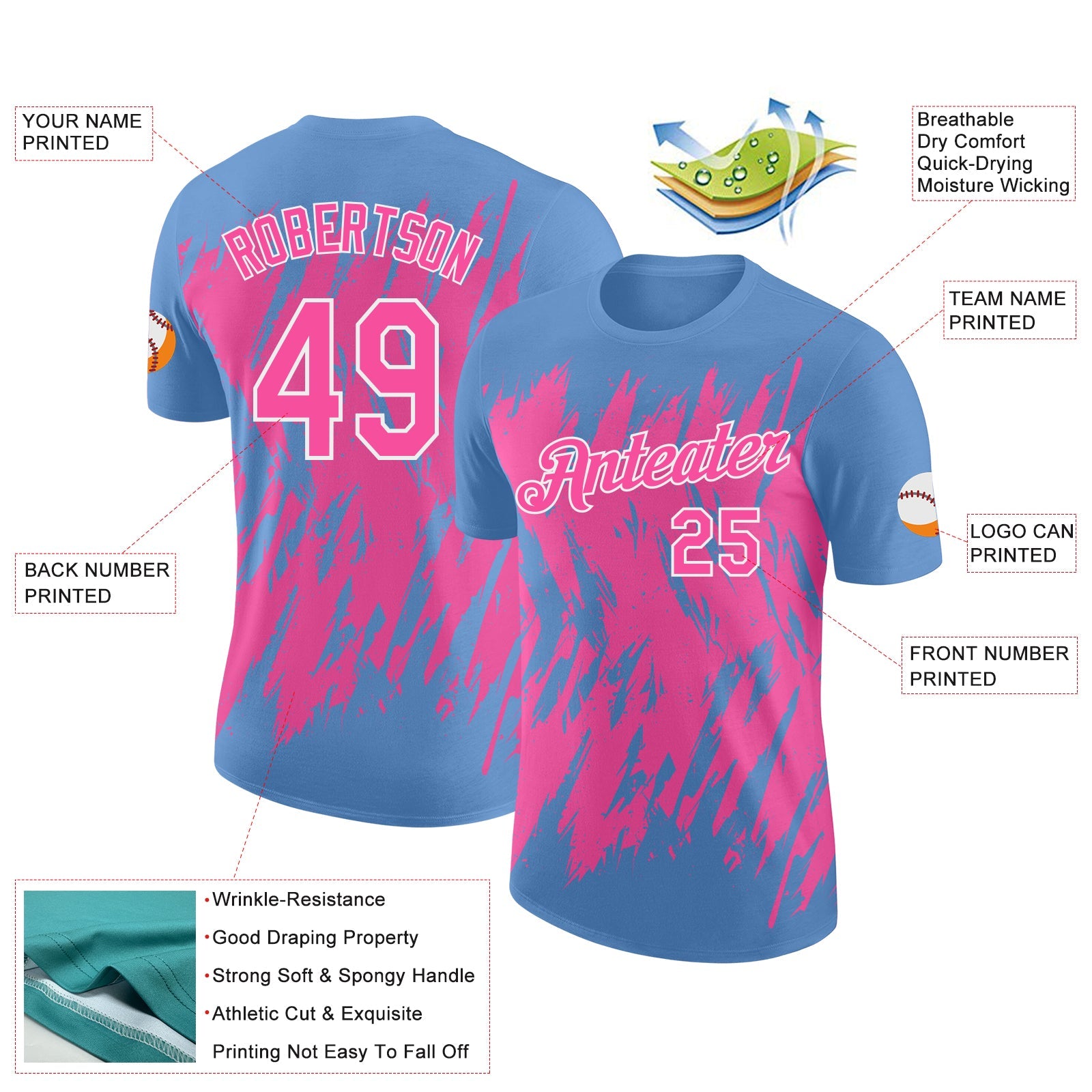 Custom Light Blue Pink-White Torn Sharp Brush Stroke Splatter Performance T-Shirt view 2