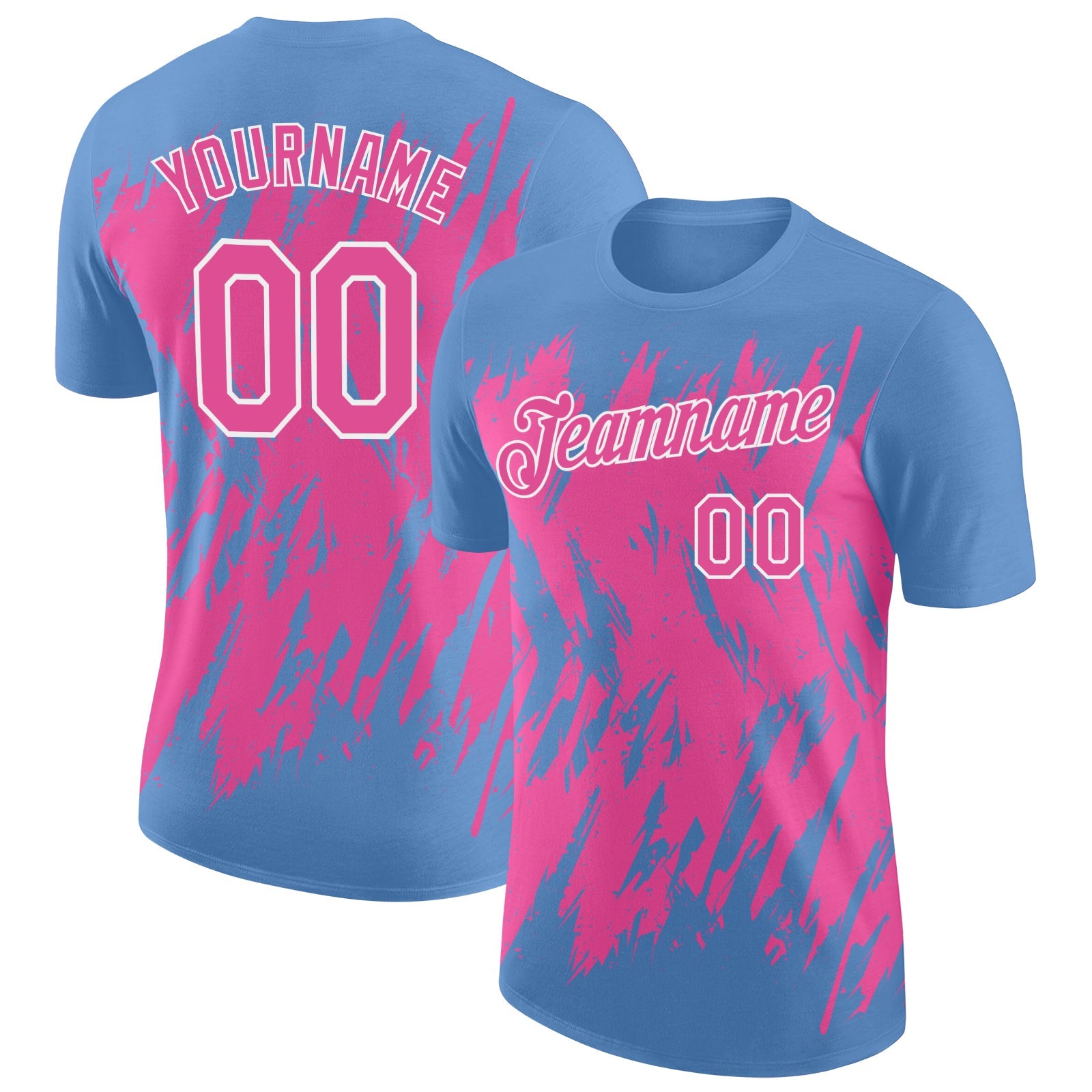 Custom Light Blue Pink-White Torn Sharp Brush Stroke Splatter Performance T-Shirt - Main View