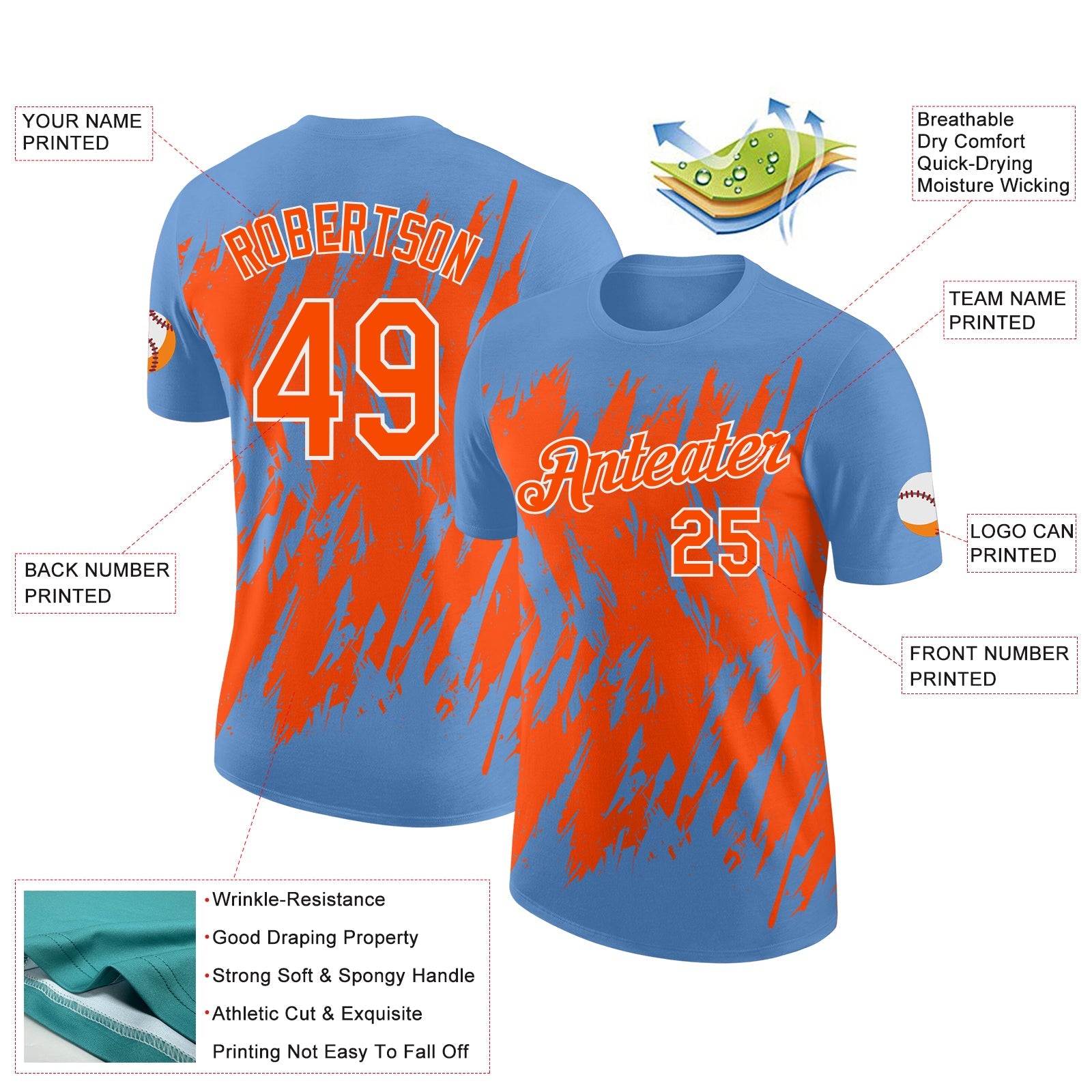 Custom Light Blue Orange-White Torn Sharp Brush Stroke Splatter Performance T-Shirt view 2