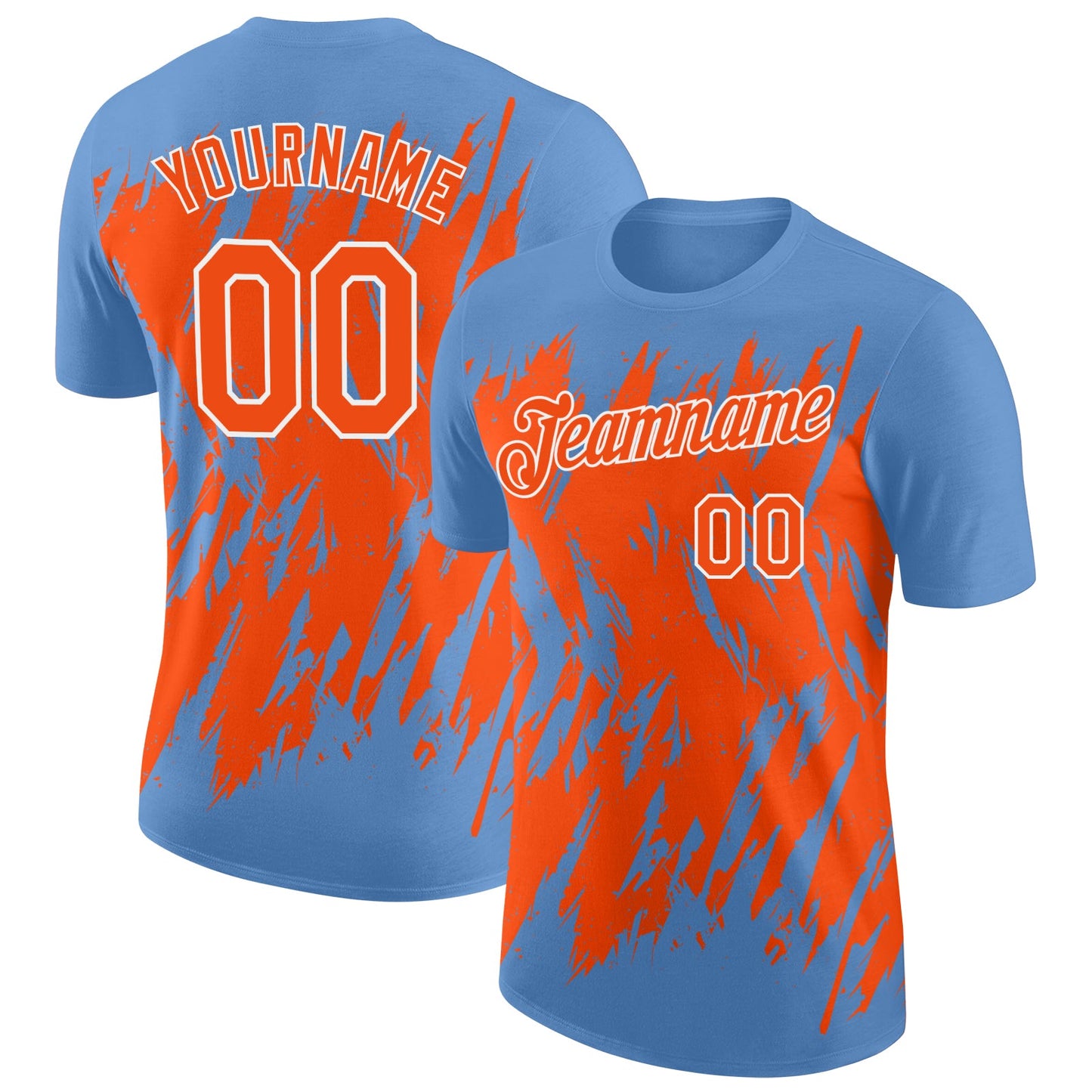 Custom Light Blue Orange-White Torn Sharp Brush Stroke Splatter Performance T-Shirt - Main View