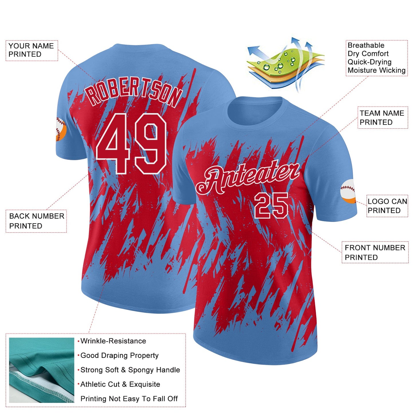 Custom Light Blue Red-White Torn Sharp Brush Stroke Splatter Performance T-Shirt view 2