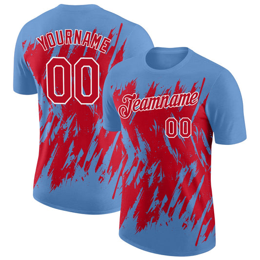 Custom Light Blue Red-White Torn Sharp Brush Stroke Splatter Performance T-Shirt - Main View