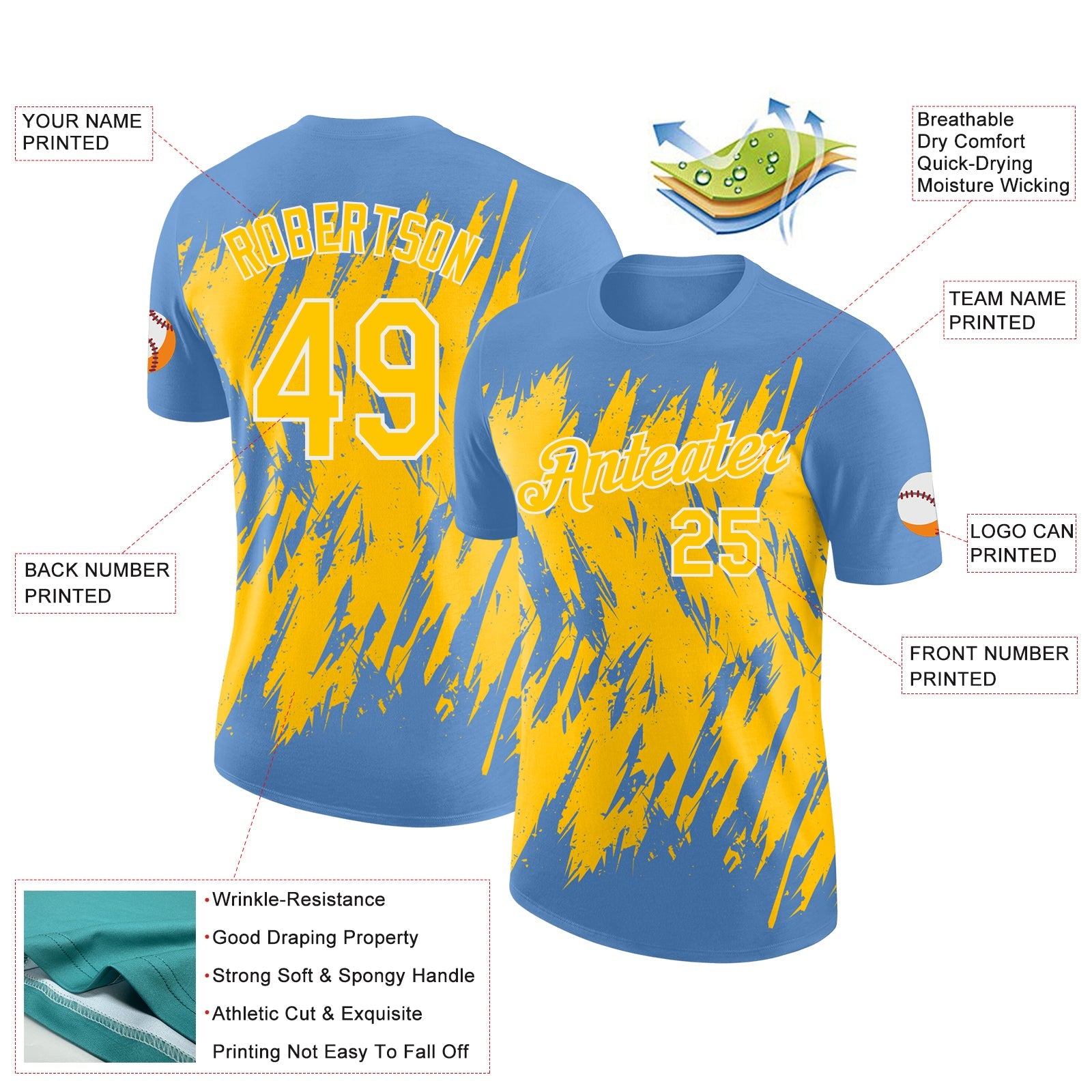 Custom Light Blue Yellow-White Torn Sharp Brush Stroke Splatter Performance T-Shirt view 2