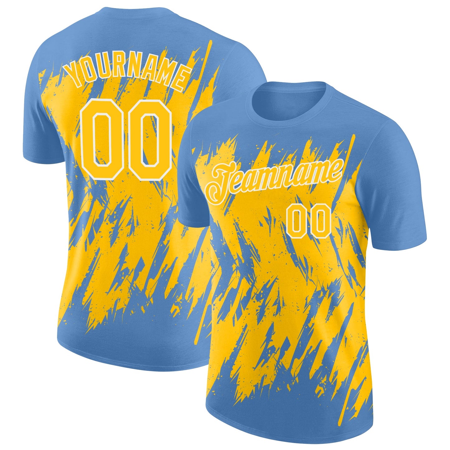 Custom Light Blue Yellow-White Torn Sharp Brush Stroke Splatter Performance T-Shirt - Main View