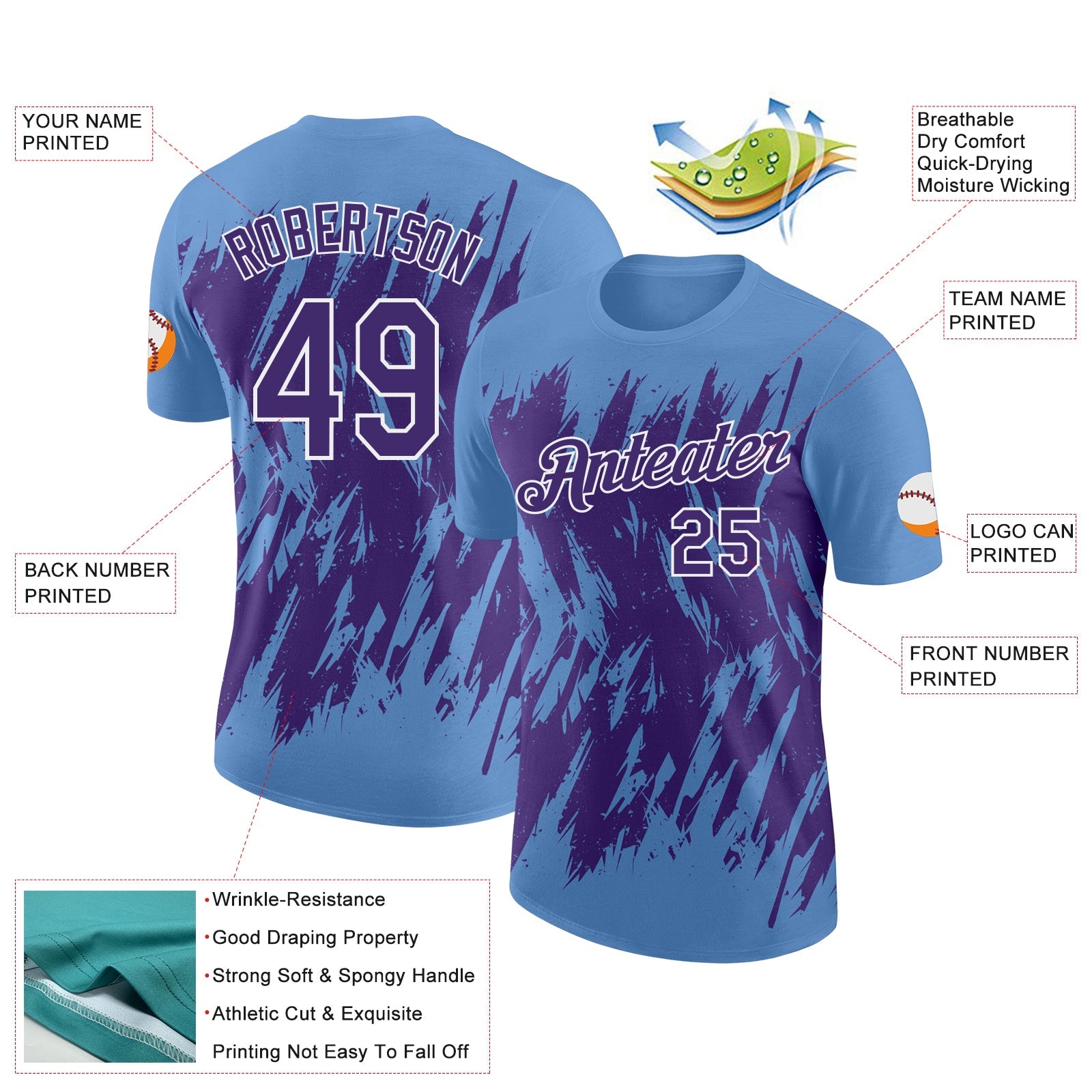 Custom Light Blue Purple-White Torn Sharp Brush Stroke Splatter Performance T-Shirt view 2