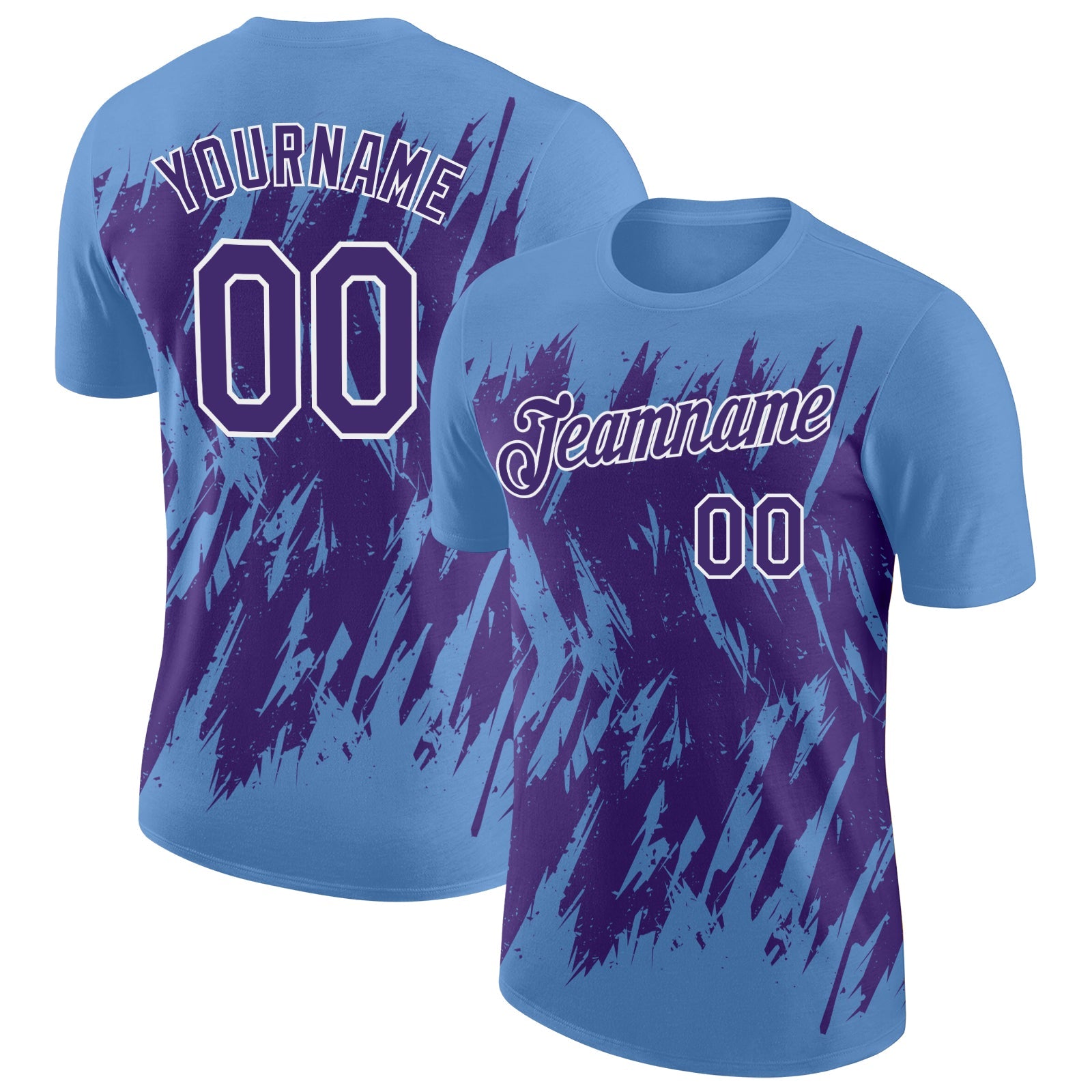 Custom Light Blue Purple-White Torn Sharp Brush Stroke Splatter Performance T-Shirt - Main View
