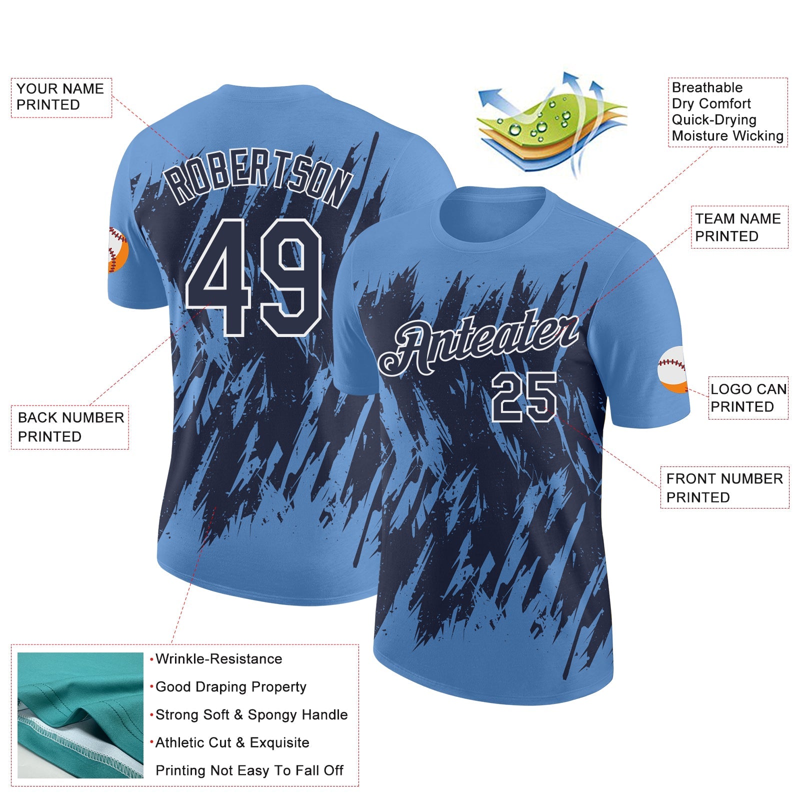 Custom Light Blue Navy-White Torn Sharp Brush Stroke Splatter Performance T-Shirt view 2