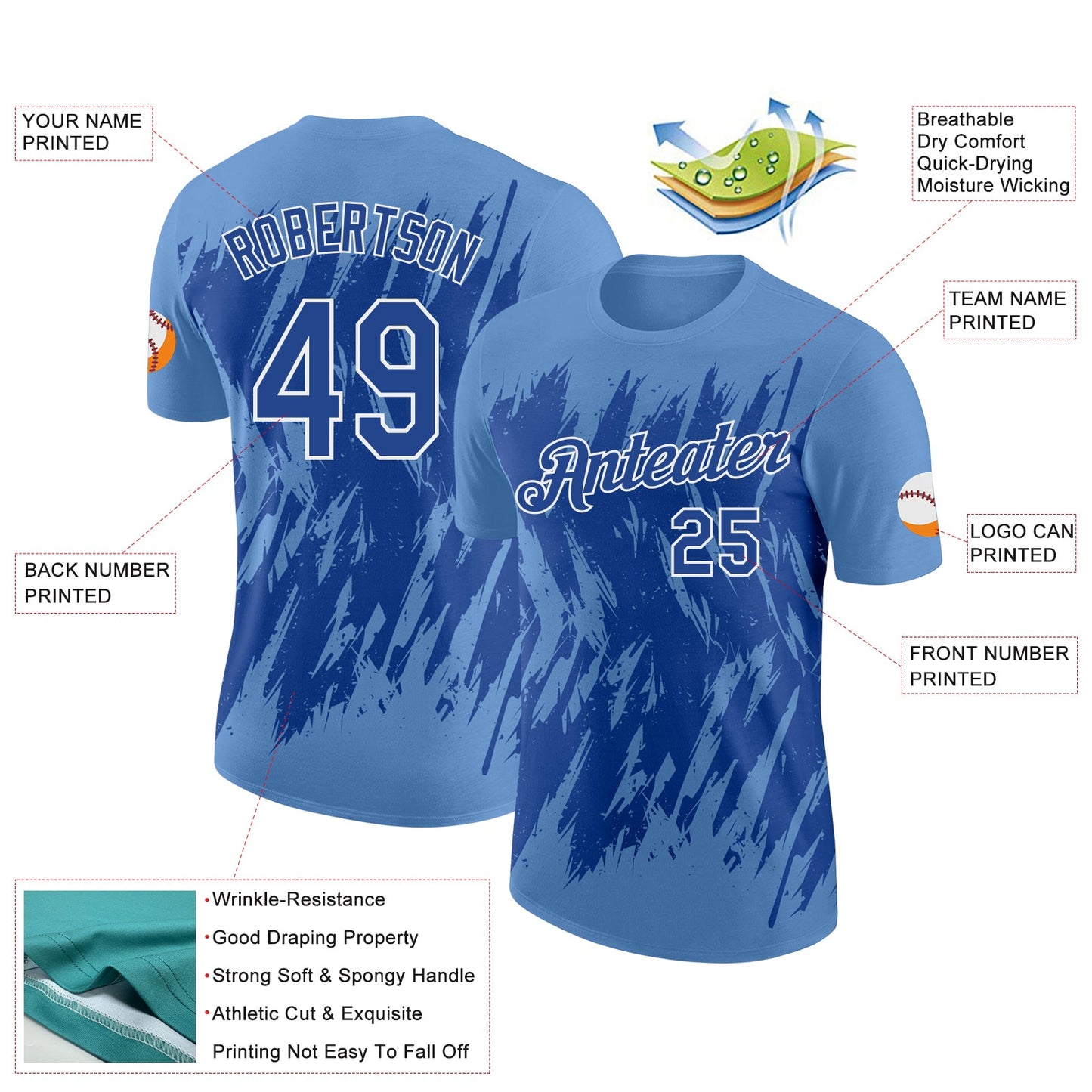 Custom Light Blue Royal-White Torn Sharp Brush Stroke Splatter Performance T-Shirt view 2