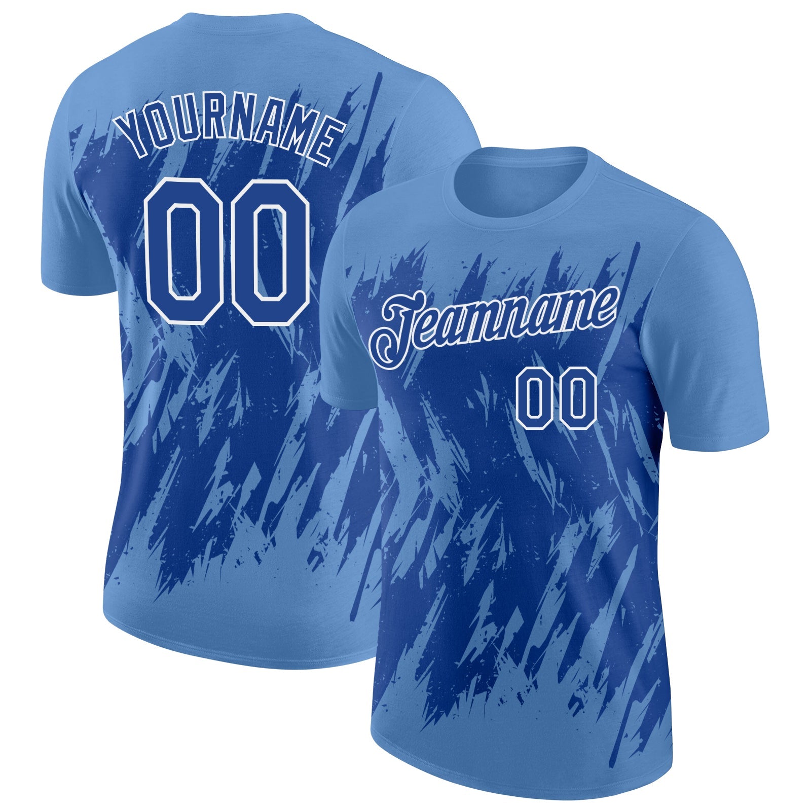 Custom Light Blue Royal-White Torn Sharp Brush Stroke Splatter Performance T-Shirt - Main View
