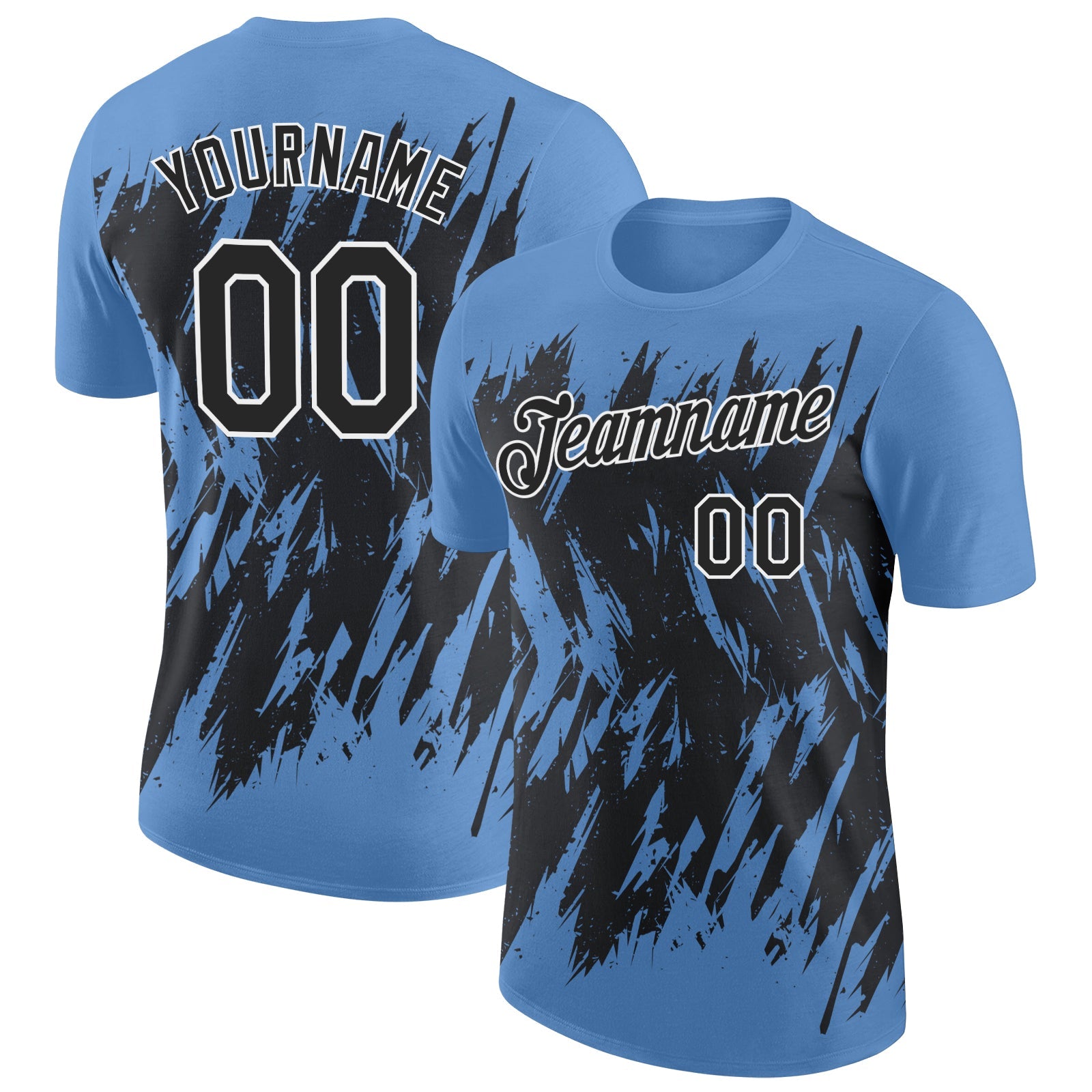 Custom Light Blue Black-White Torn Sharp Brush Stroke Splatter Performance T-Shirt - Main View