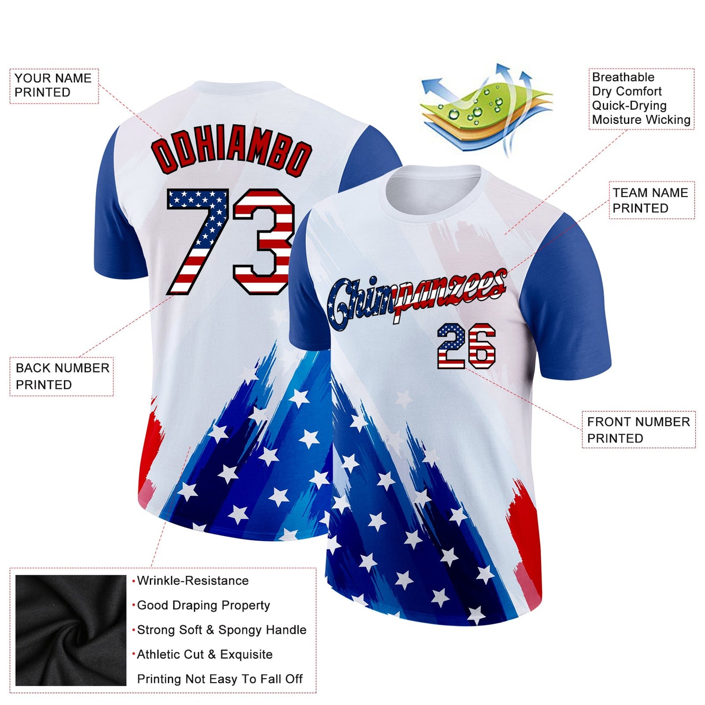 Custom White USA Flag Royal Red-Black 3D American Flag Fashion Performance T-Shirt view 3