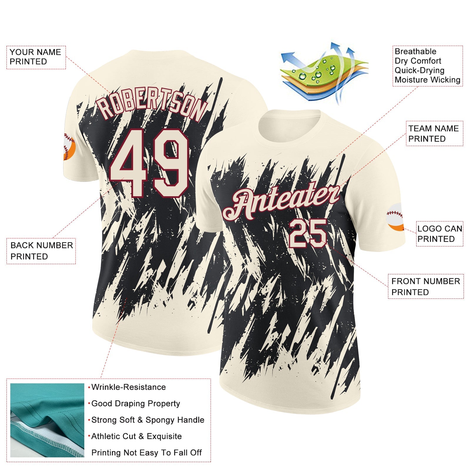 Custom Cream Black-Crimson Torn Sharp Brush Stroke Splatter Performance T-Shirt view 2