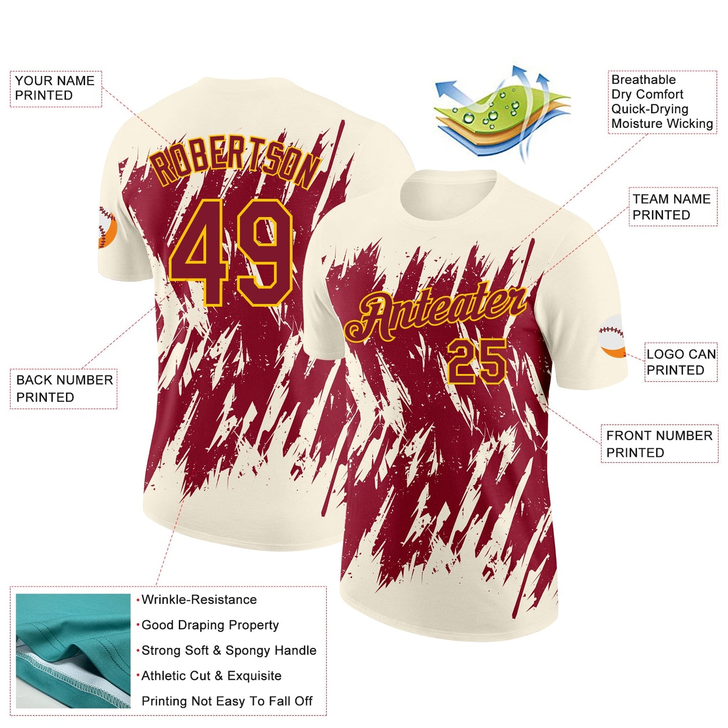 Custom Cream Crimson-Yellow Torn Sharp Brush Stroke Splatter Performance T-Shirt view 2