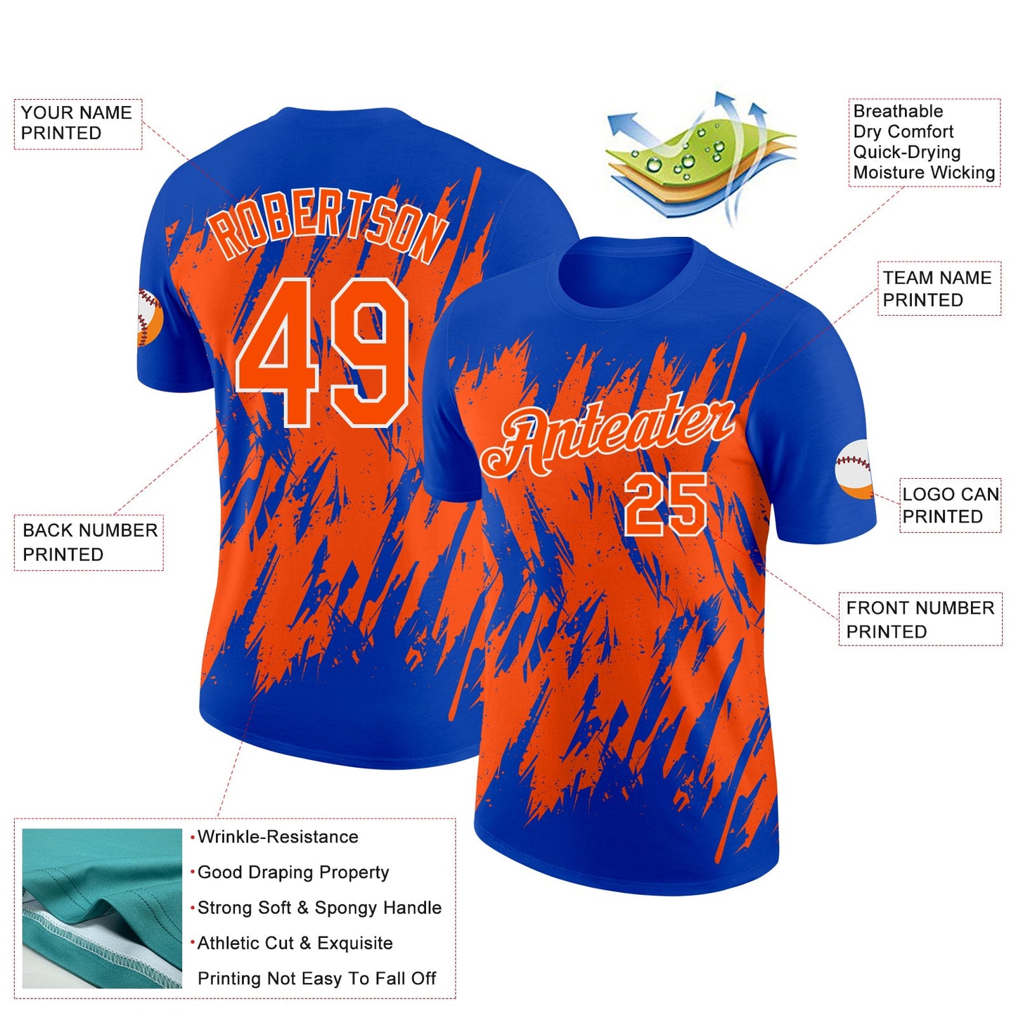 Custom Thunder Blue Orange-White Torn Sharp Brush Stroke Splatter Performance T-Shirt view 2