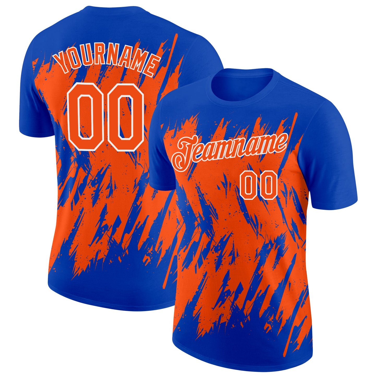 Custom Thunder Blue Orange-White Torn Sharp Brush Stroke Splatter Performance T-Shirt - Main View