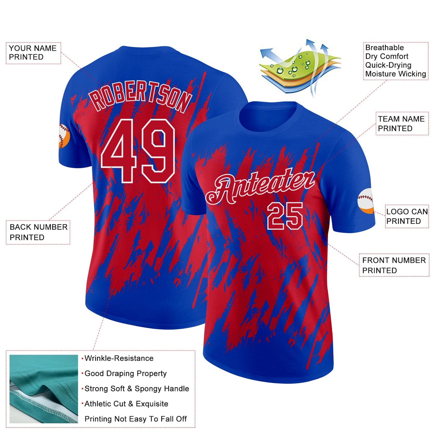 Custom Thunder Blue Red-White Torn Sharp Brush Stroke Splatter Performance T-Shirt view 2