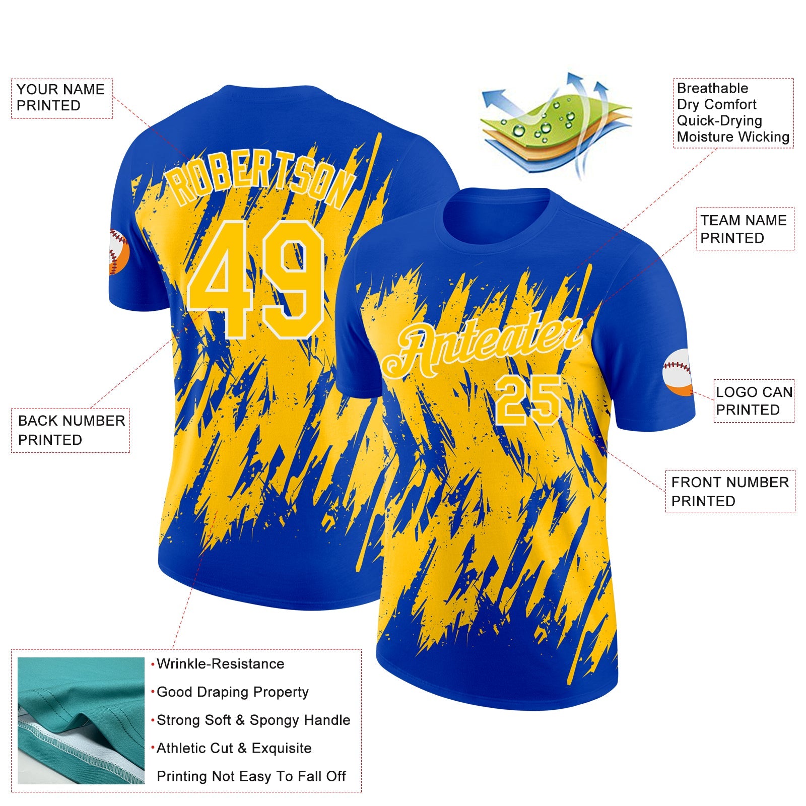 Custom Thunder Blue Yellow-White Torn Sharp Brush Stroke Splatter Performance T-Shirt view 2