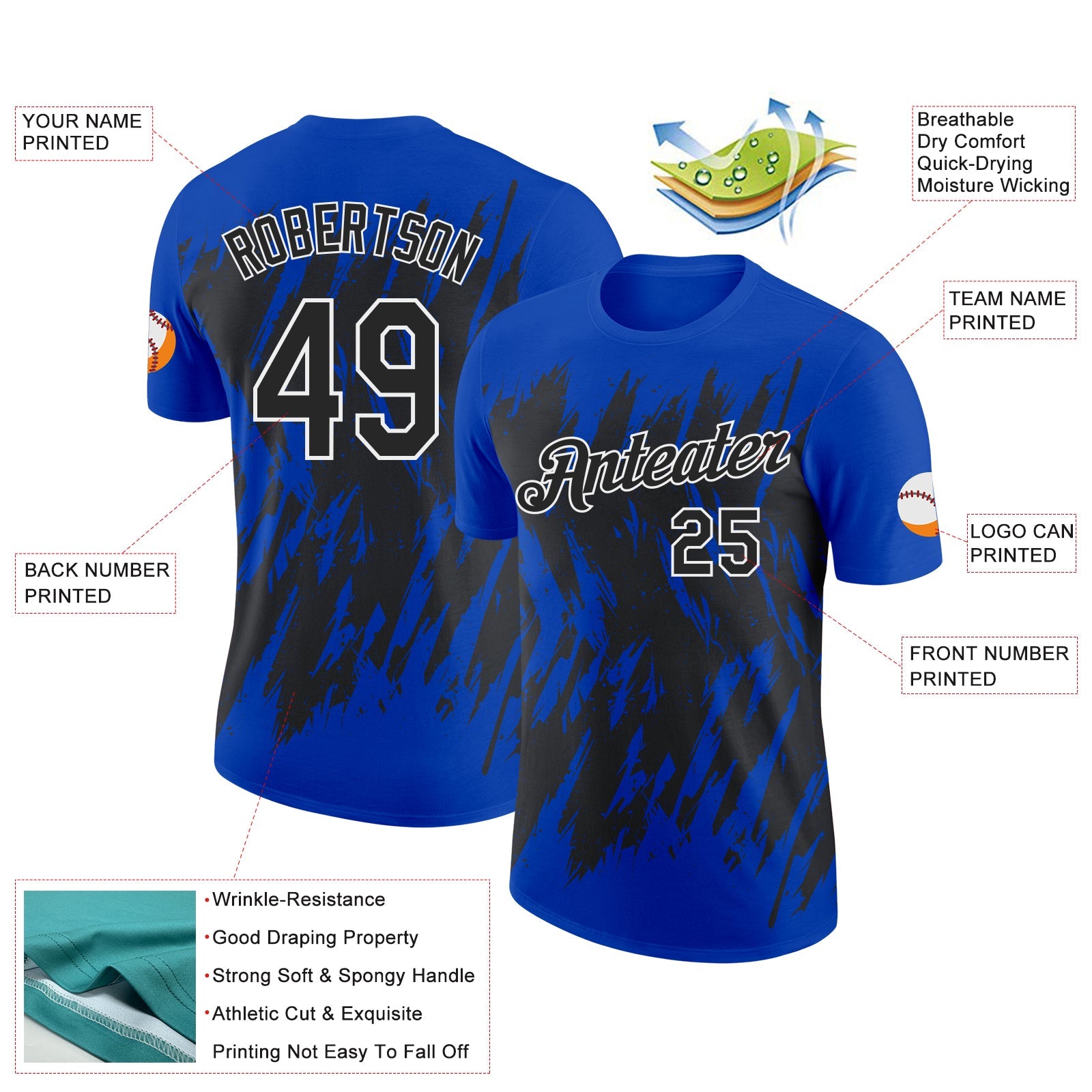 Custom Thunder Blue Black-White Torn Sharp Brush Stroke Splatter Performance T-Shirt view 2