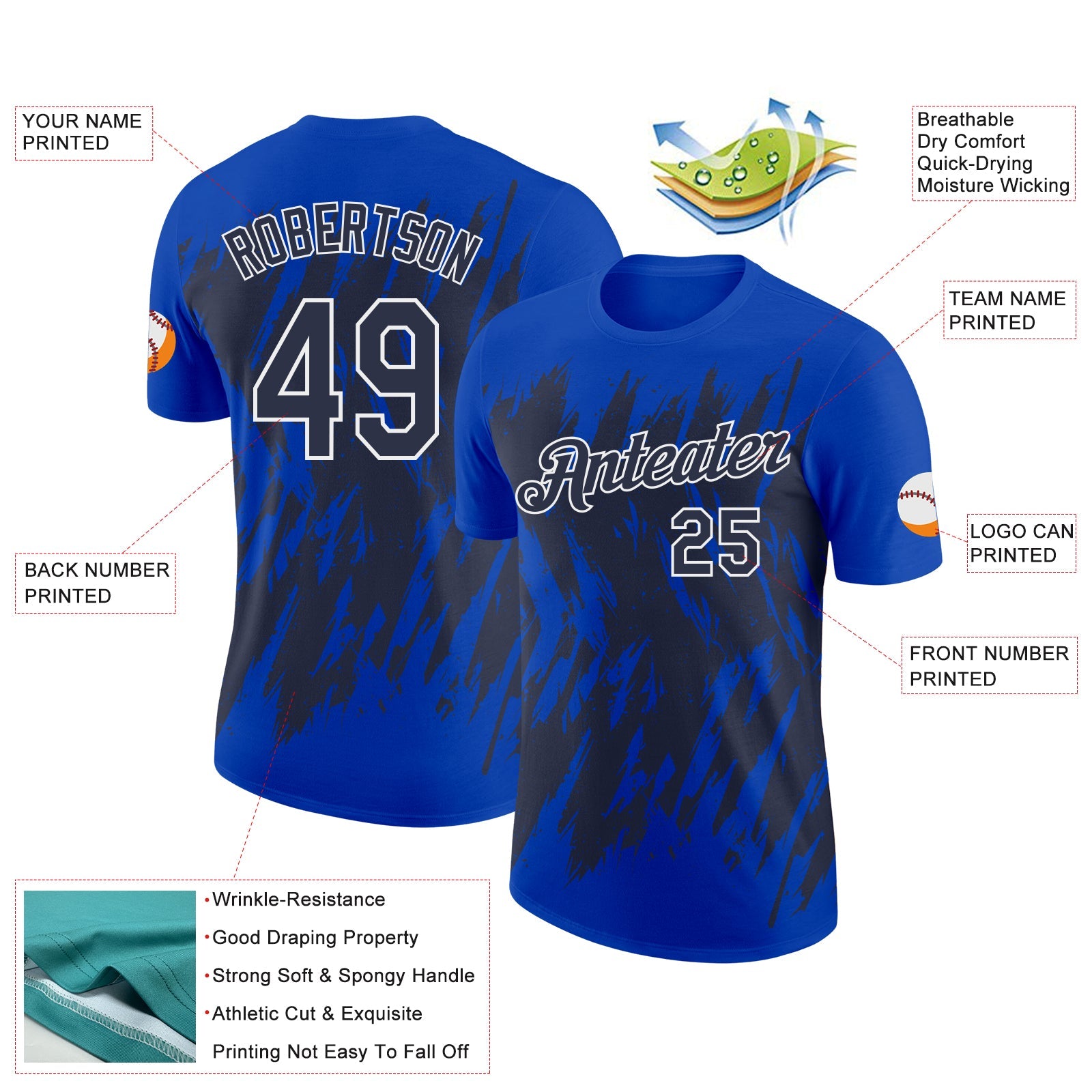 Custom Thunder Blue Navy-White Torn Sharp Brush Stroke Splatter Performance T-Shirt view 2
