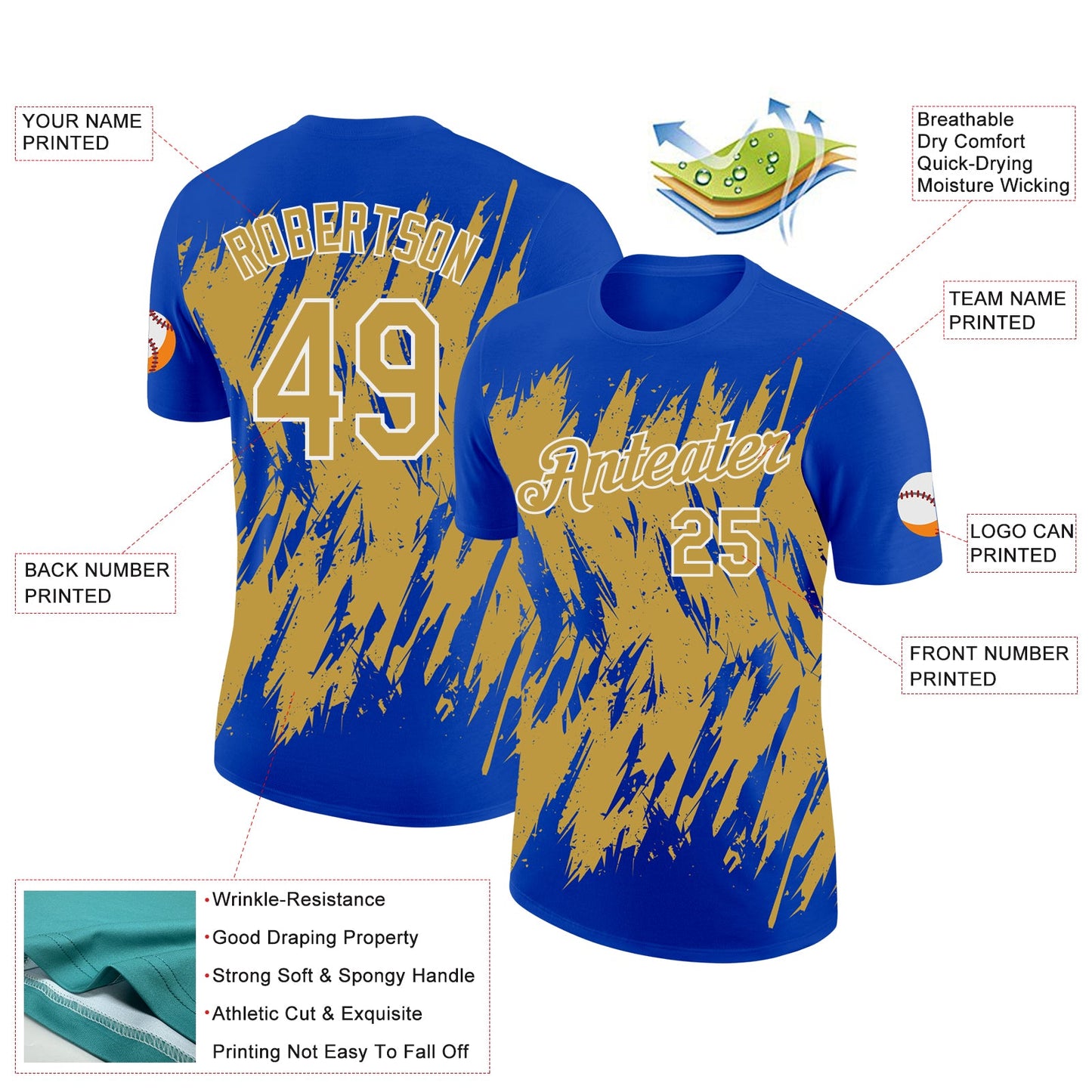Custom Thunder Blue Old Gold-White Torn Sharp Brush Stroke Splatter Performance T-Shirt view 2