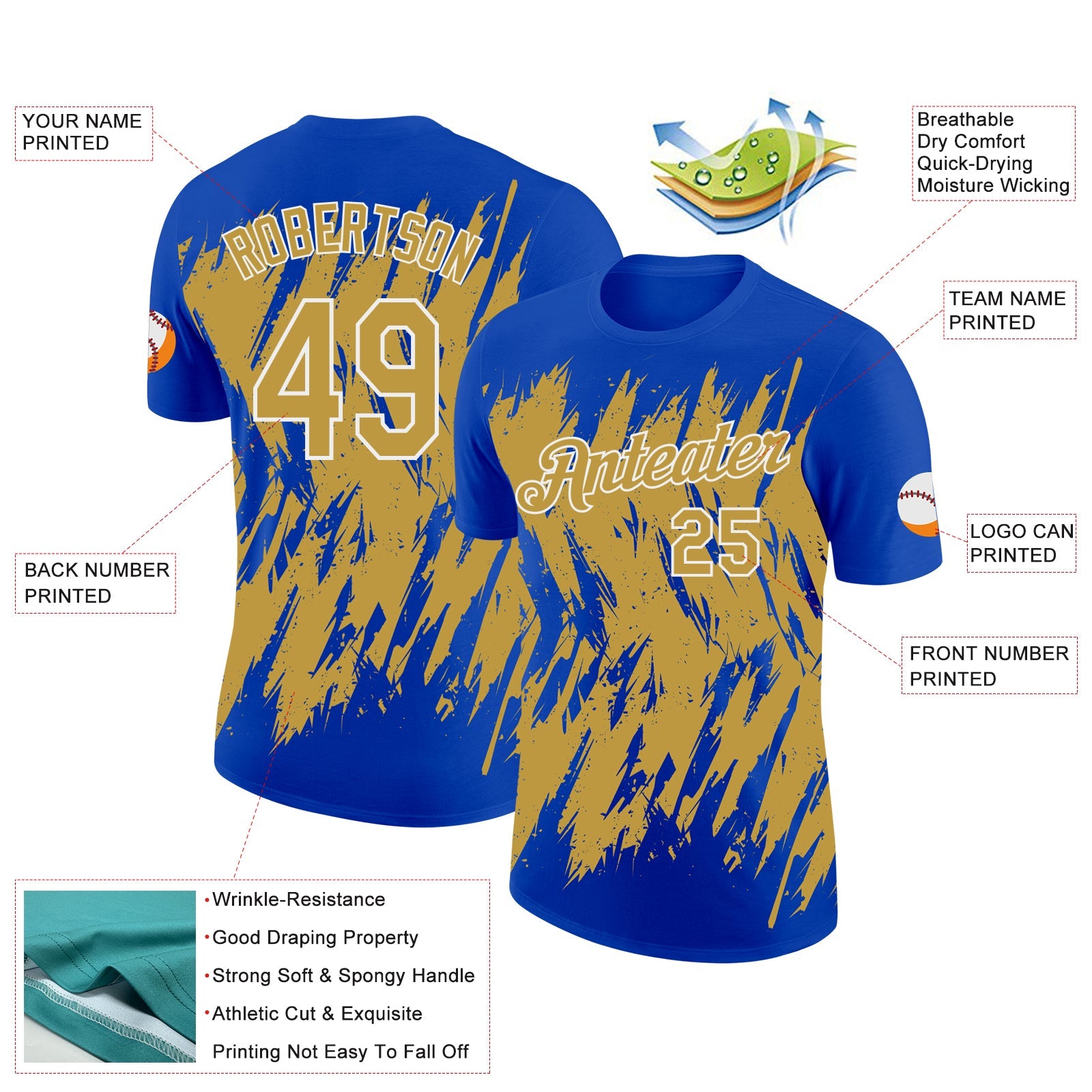 Custom Thunder Blue Old Gold-White Torn Sharp Brush Stroke Splatter Performance T-Shirt view 2