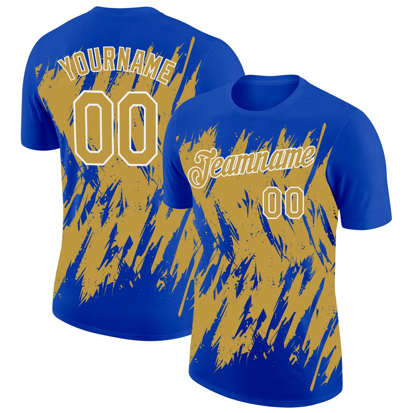 Custom Thunder Blue Old Gold-White Torn Sharp Brush Stroke Splatter Performance T-Shirt - Main View