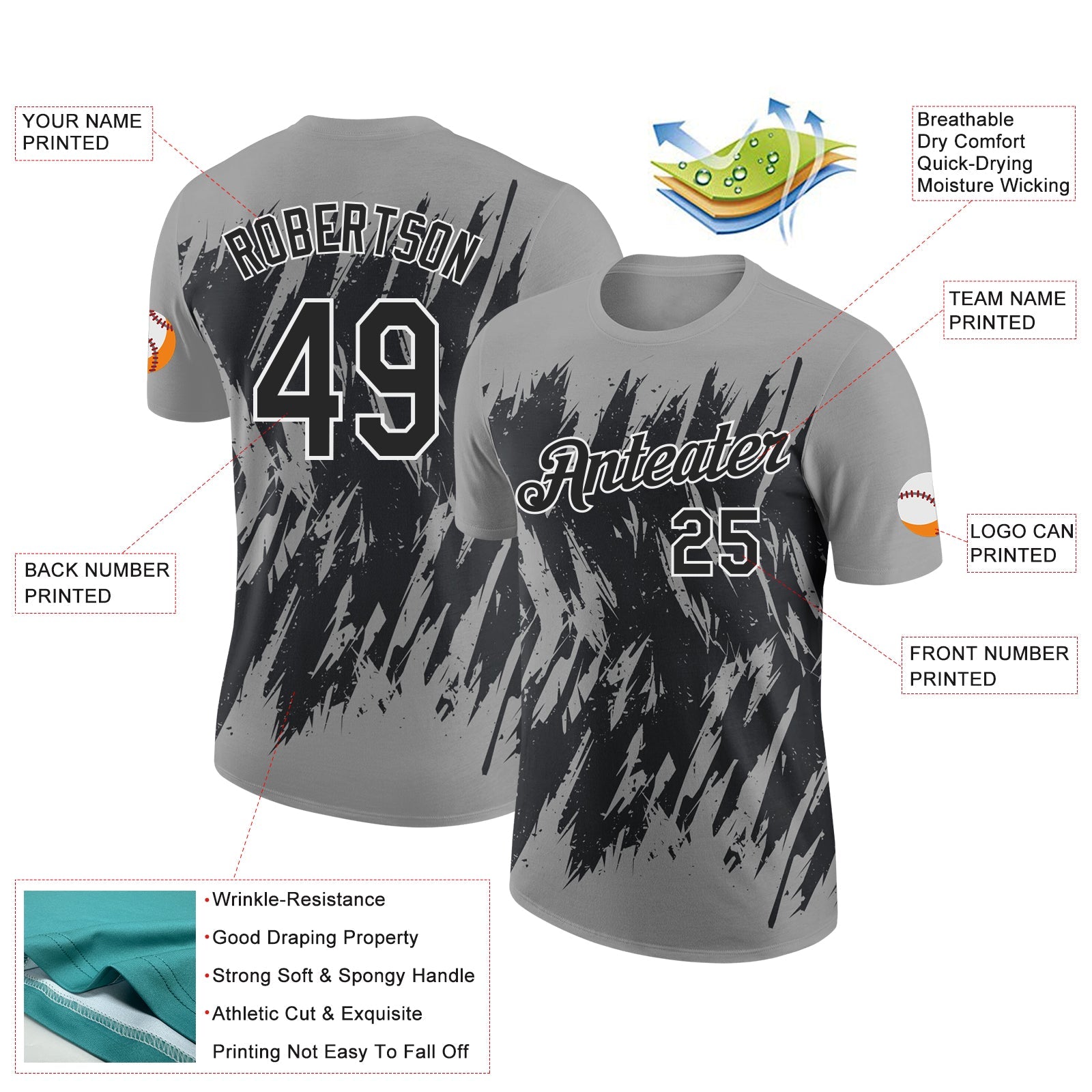 Custom Gray Black-White Torn Sharp Brush Stroke Splatter Performance T-Shirt view 2