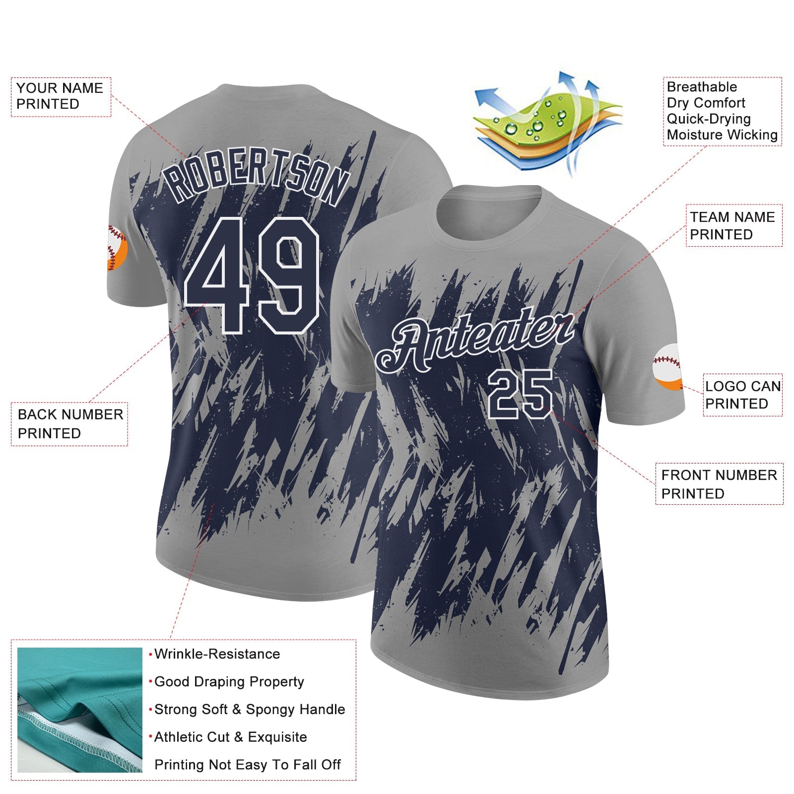 Custom Gray Navy-White Torn Sharp Brush Stroke Splatter Performance T-Shirt view 2