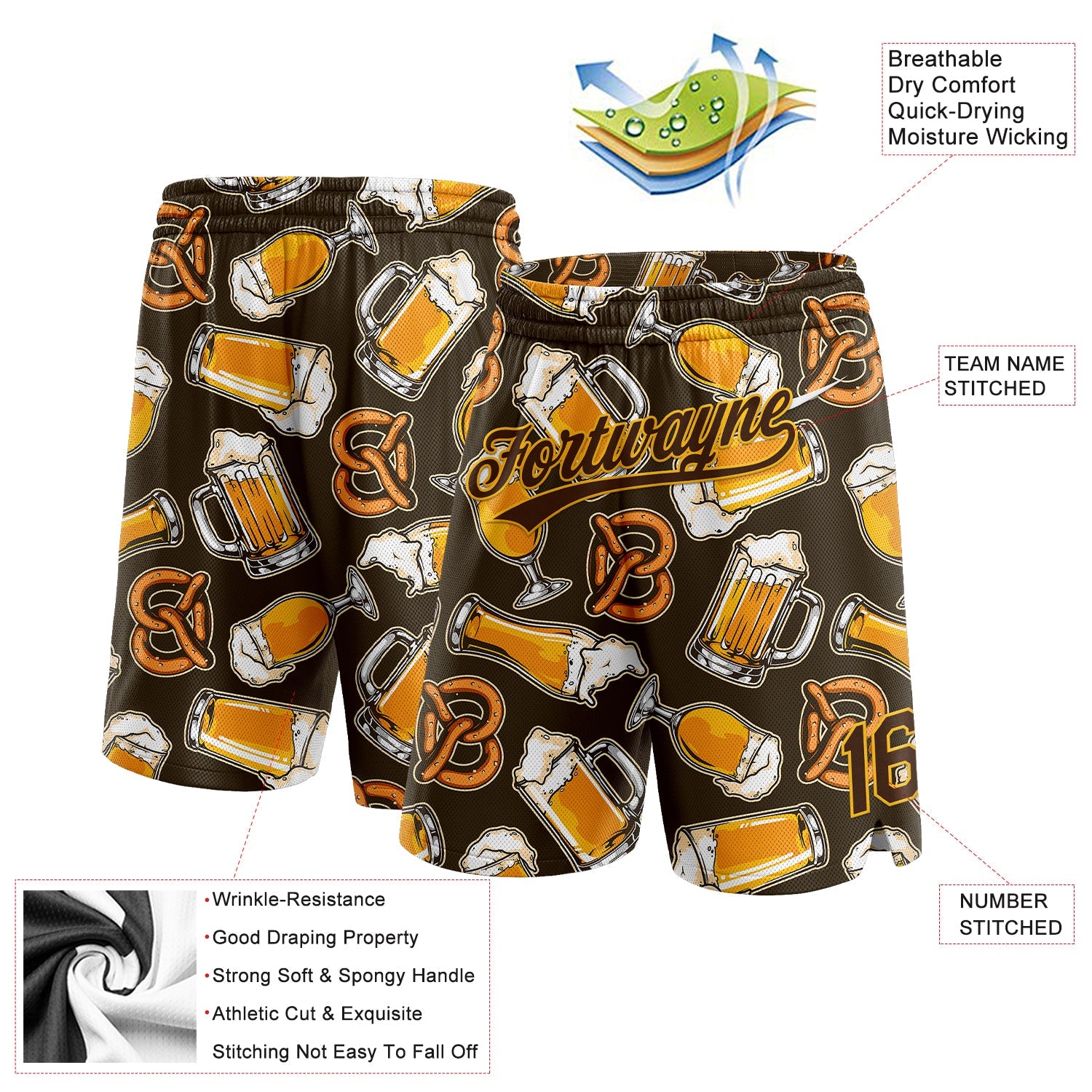 Custom Brown Gold 3D Pattern Design Beer Authentic Basketball Shorts view 2