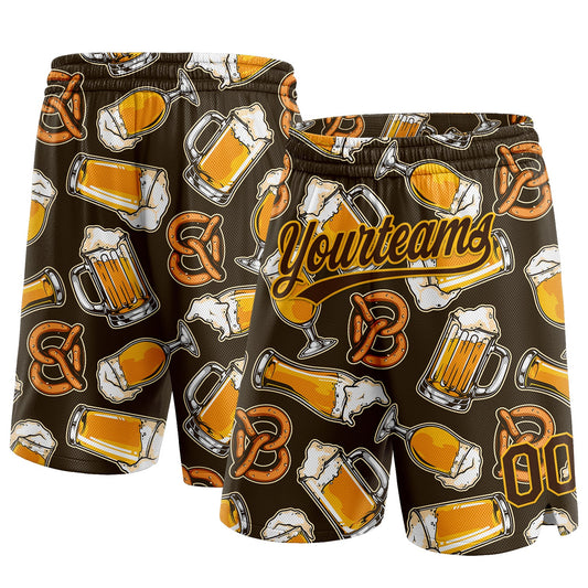 Custom Brown Gold 3D Pattern Design Beer Authentic Basketball Shorts - Main View