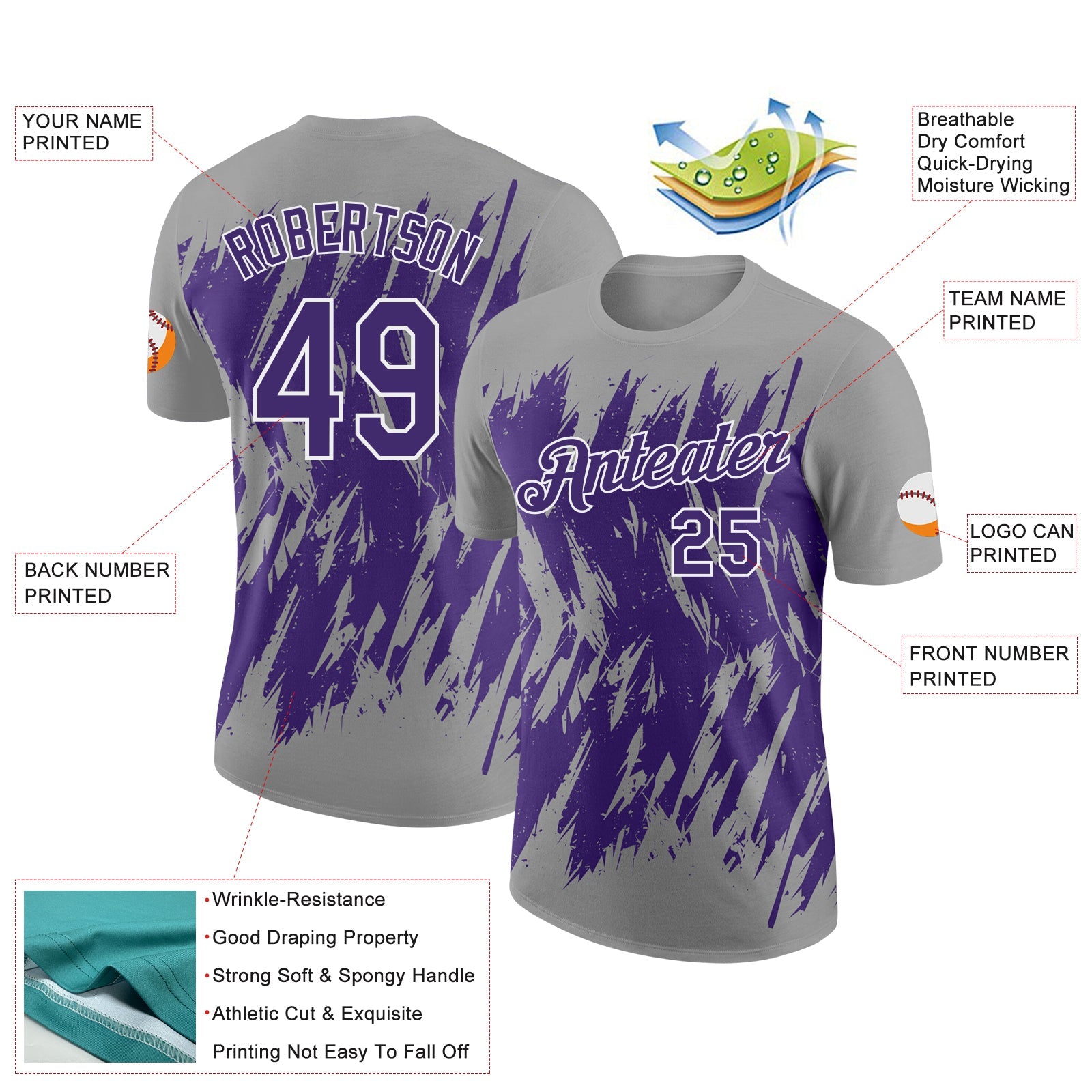 Custom Gray Purple-White Torn Sharp Brush Stroke Splatter Performance T-Shirt view 2
