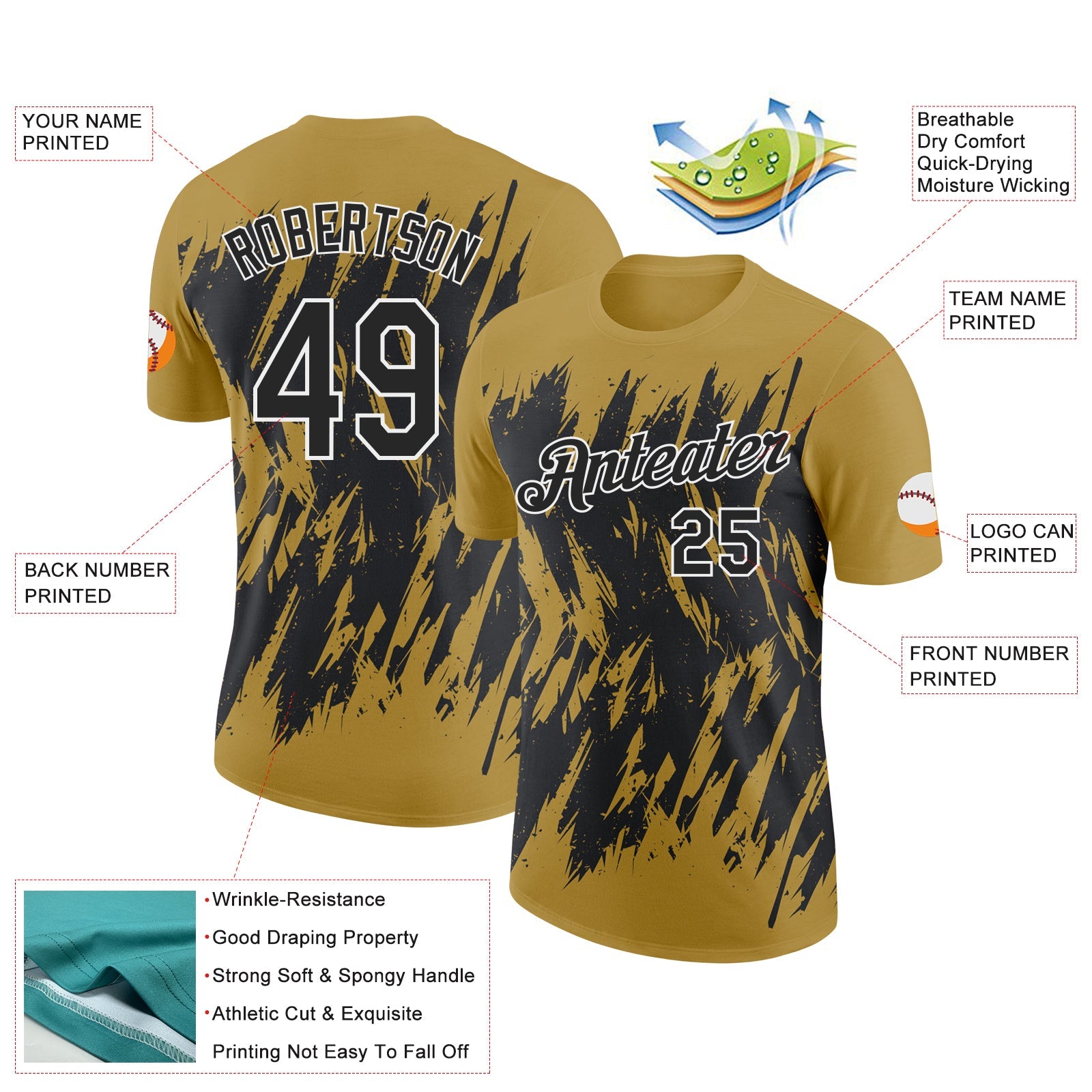 Custom Old Gold Black-White Torn Sharp Brush Stroke Splatter Performance T-Shirt view 2