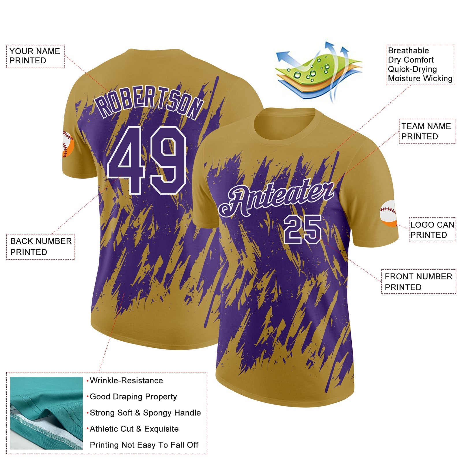 Custom Old Gold Purple-White Torn Sharp Brush Stroke Splatter Performance T-Shirt view 2